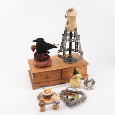 Handcrafted Miniature Figurines, Brighton Clock, and Sewing Cabinet