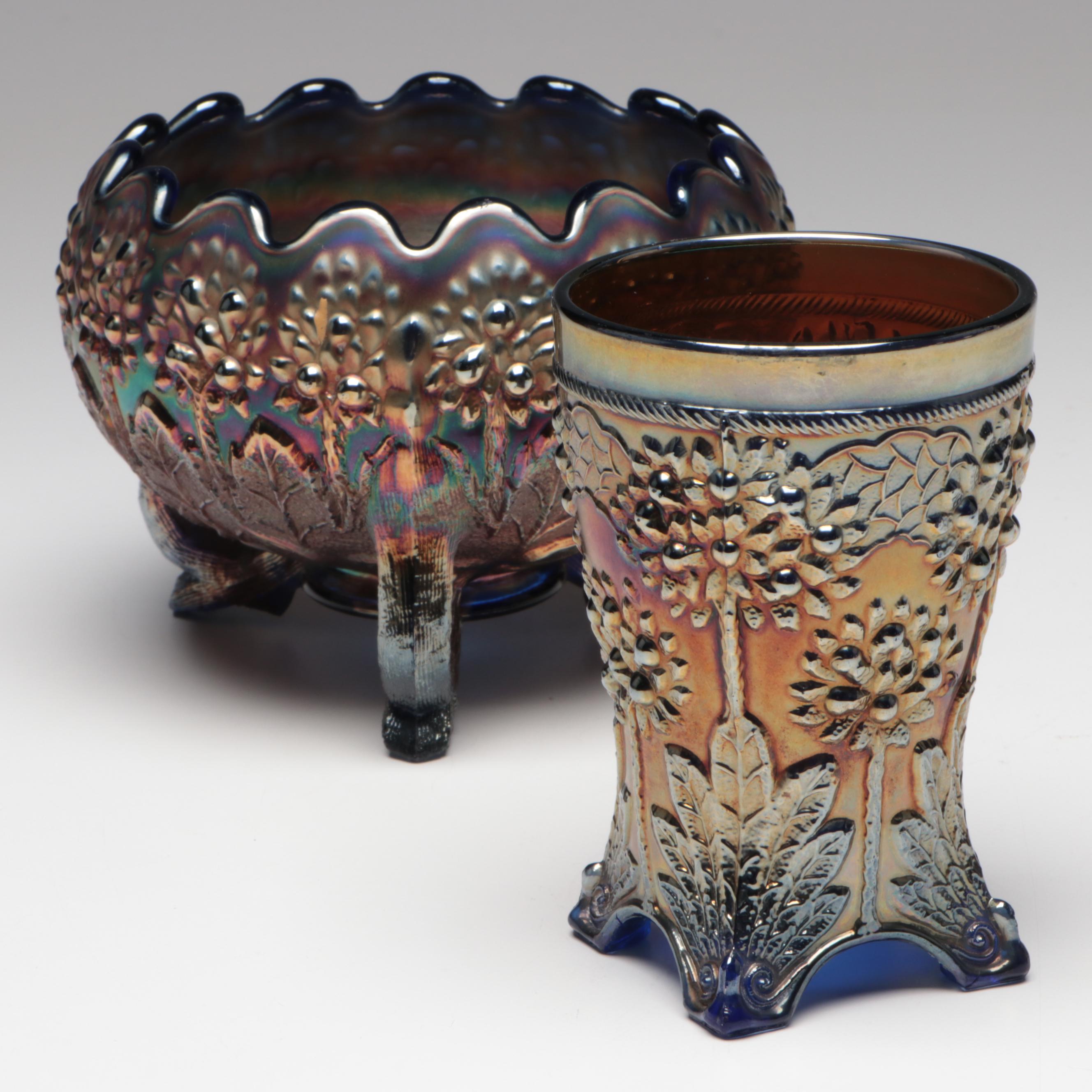 Fenton Carnival Glass "Orange Tree" Iridescent Footed Bowl and Tumbler