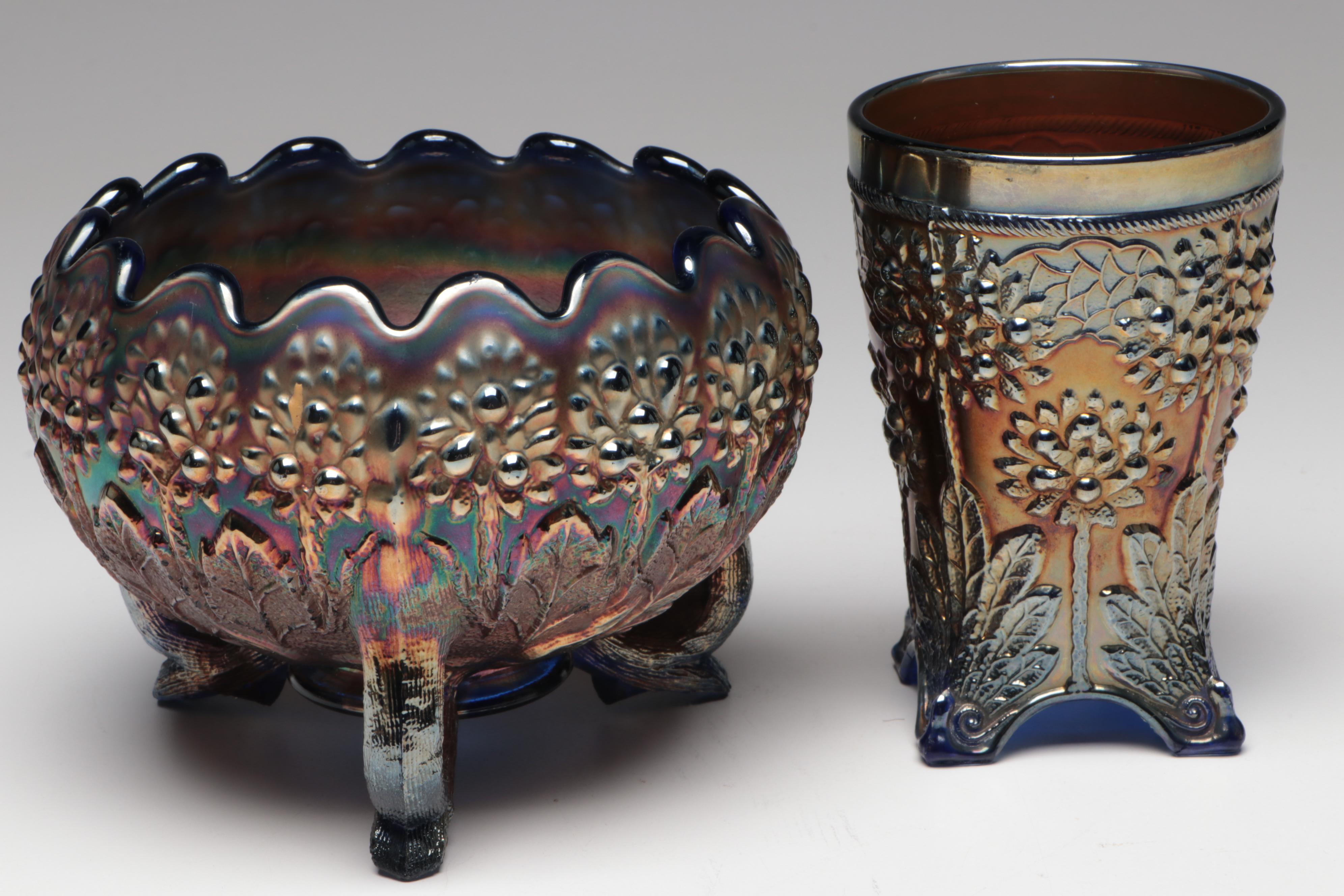 Fenton Carnival Glass "Orange Tree" Iridescent Footed Bowl and Tumbler