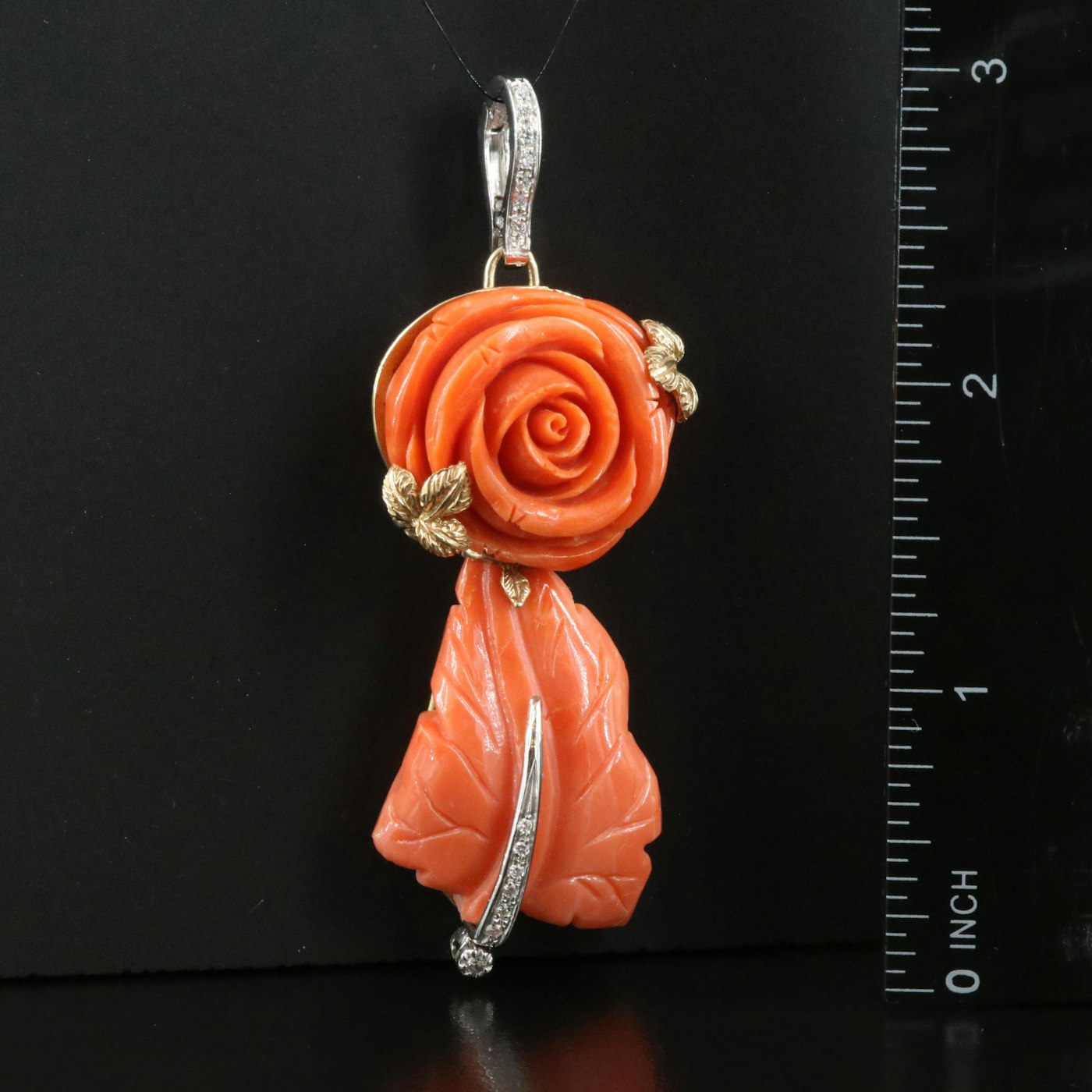 Italian 18K Carved Coral And Diamond Floral Enhancer Pendant EBTH italian-18k-carved-coral-and-diamond-floral-enhancer-pendant-ebth