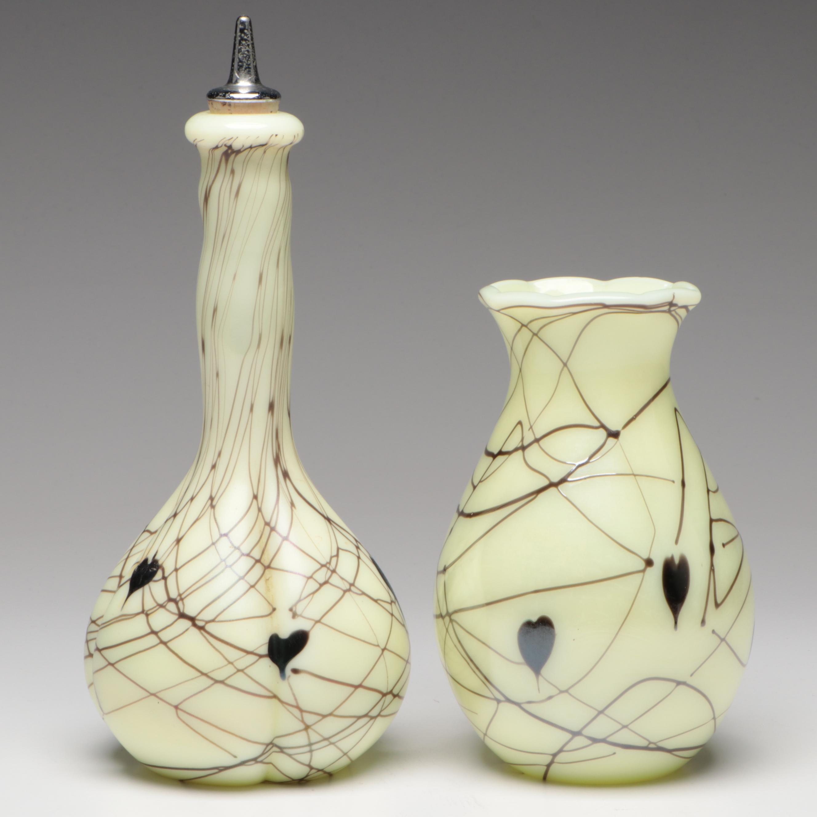 Barber & Fetty Fenton "Hanging Hearts" Custard Glass Barber Bottle & Vase, 1976