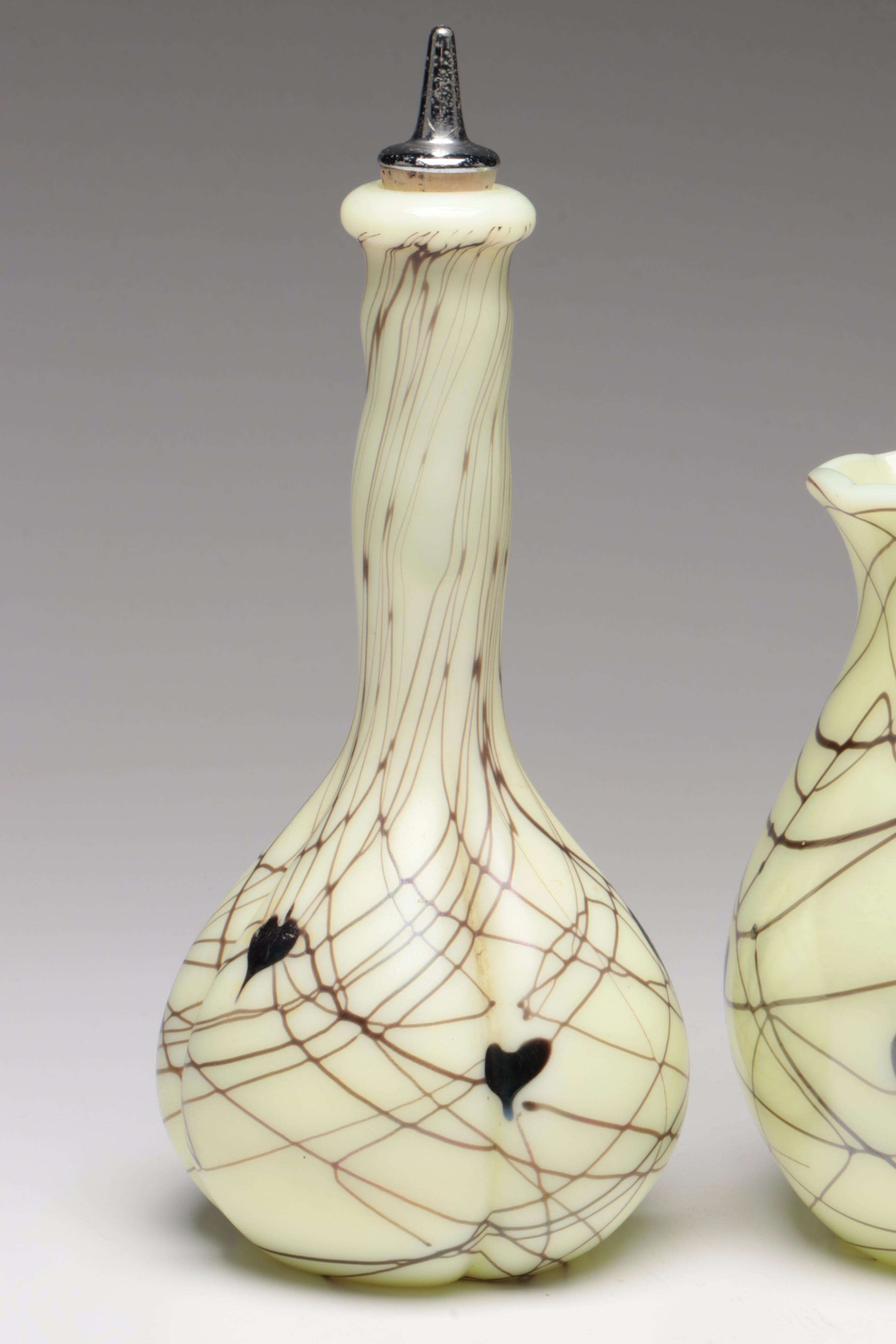 Barber & Fetty Fenton "Hanging Hearts" Custard Glass Barber Bottle & Vase, 1976