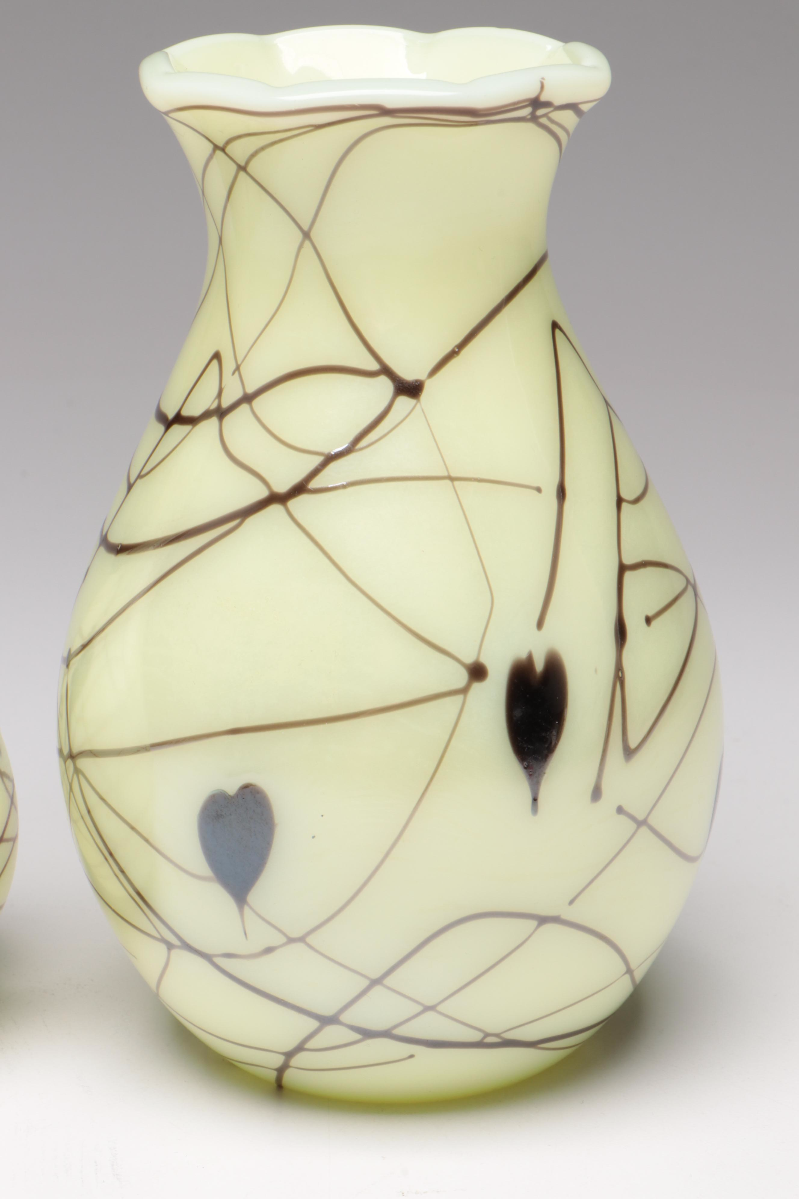 Barber & Fetty Fenton "Hanging Hearts" Custard Glass Barber Bottle & Vase, 1976