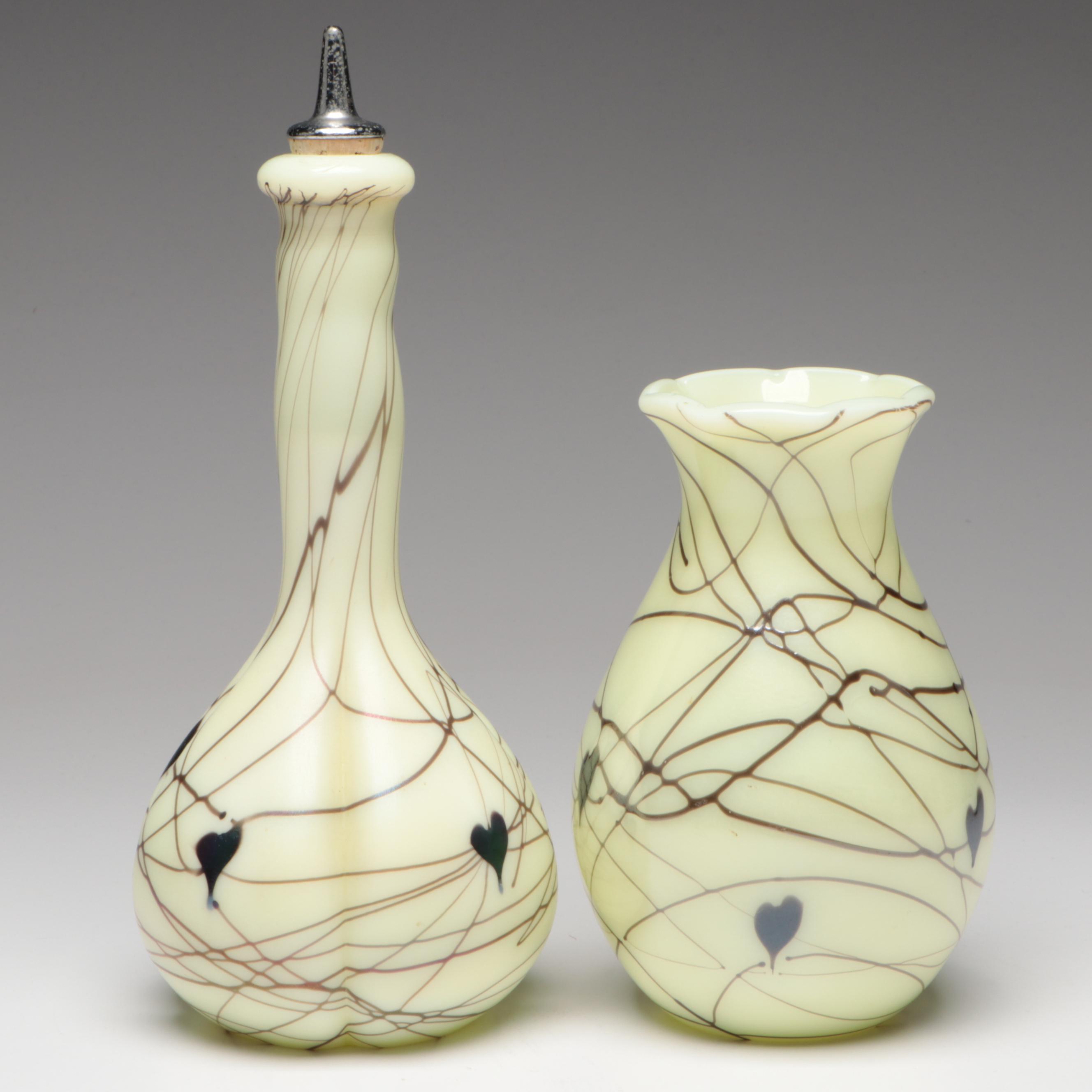 Barber & Fetty Fenton "Hanging Hearts" Custard Glass Barber Bottle & Vase, 1976