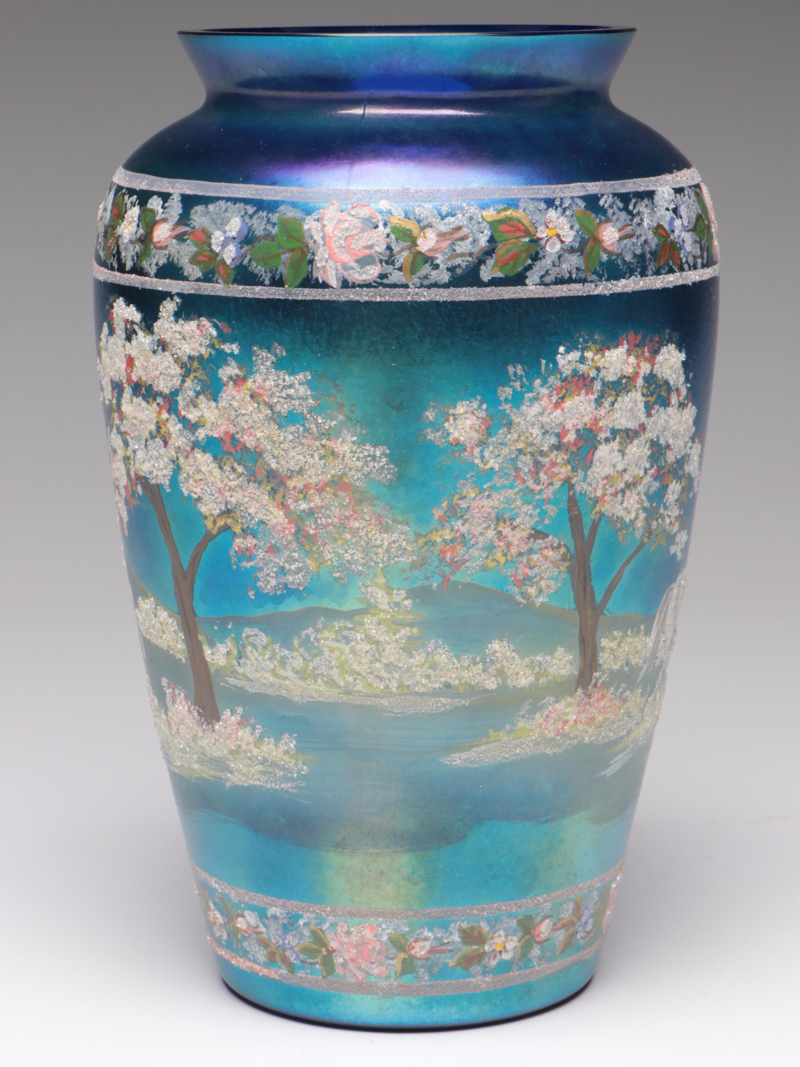 Marilyn Wagner for Fenton Handcrafted Favrene Horse and Landscape Glass Vase