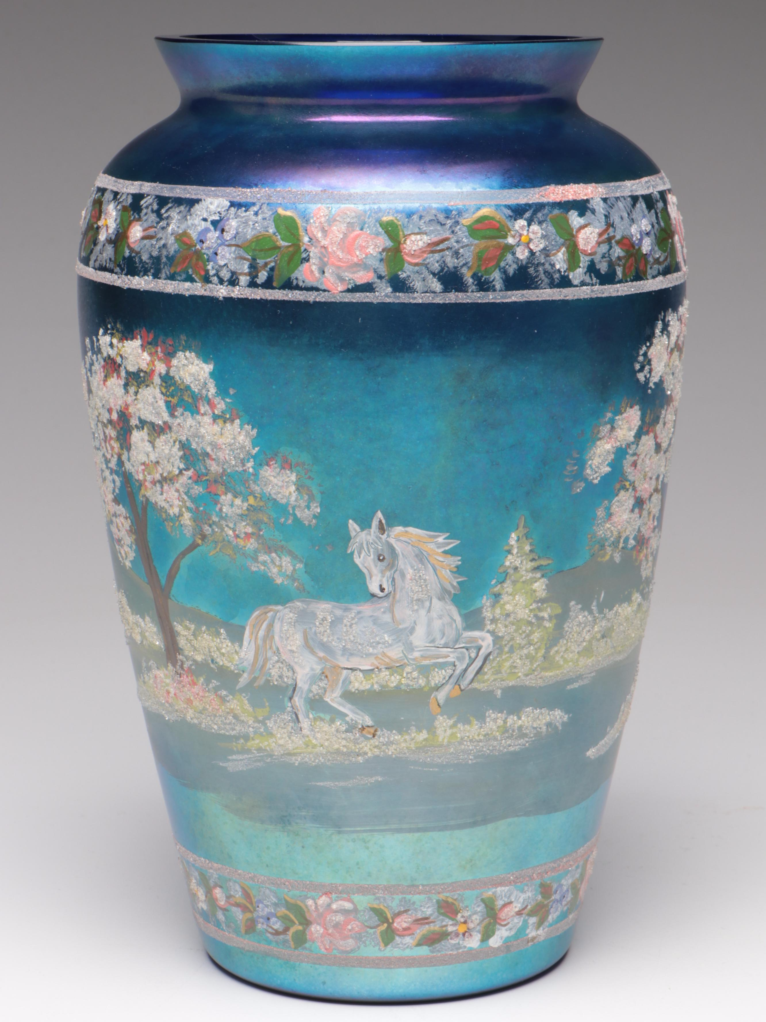 Marilyn Wagner for Fenton Handcrafted Favrene Horse and Landscape Glass Vase