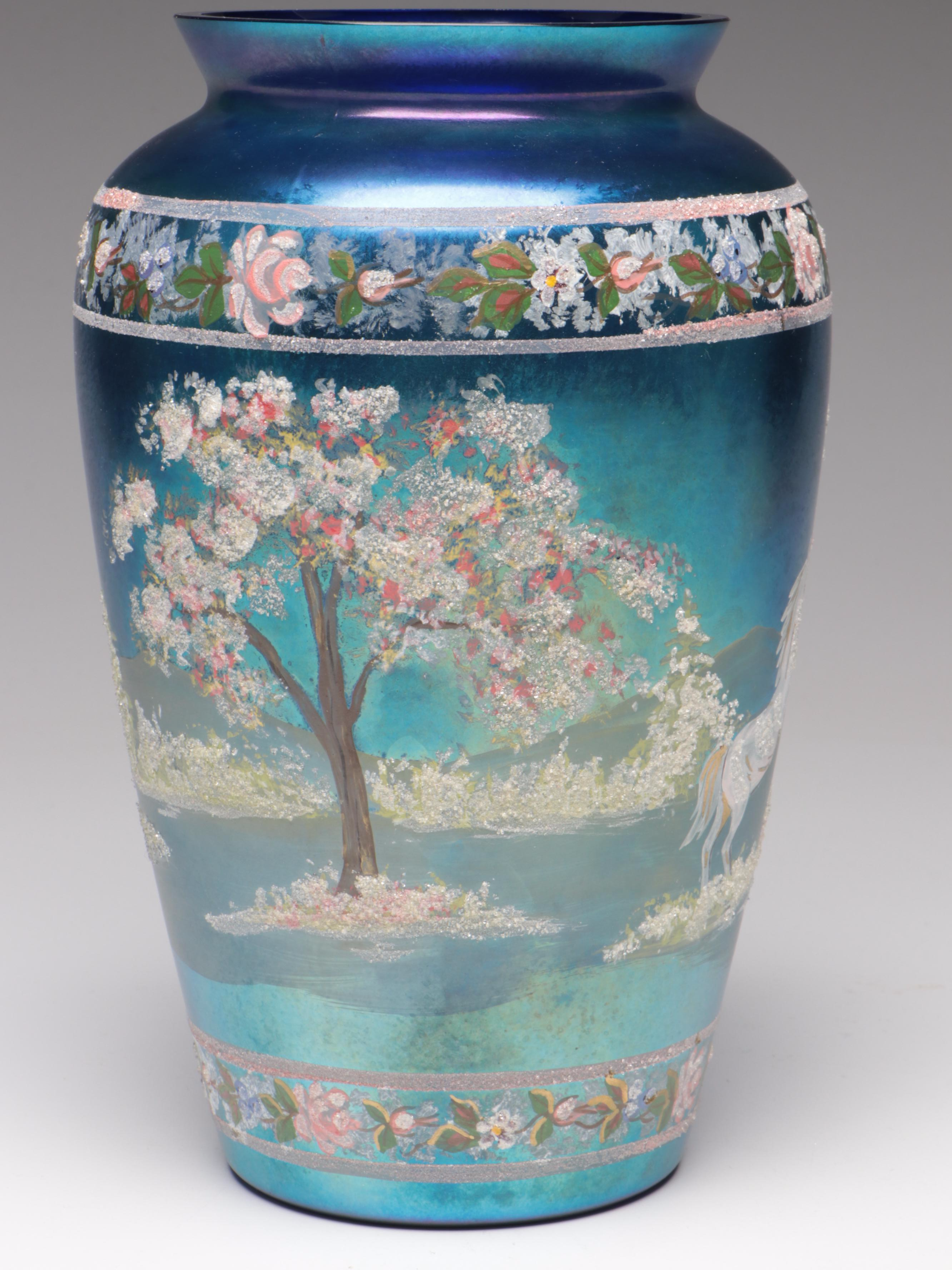 Marilyn Wagner for Fenton Handcrafted Favrene Horse and Landscape Glass Vase