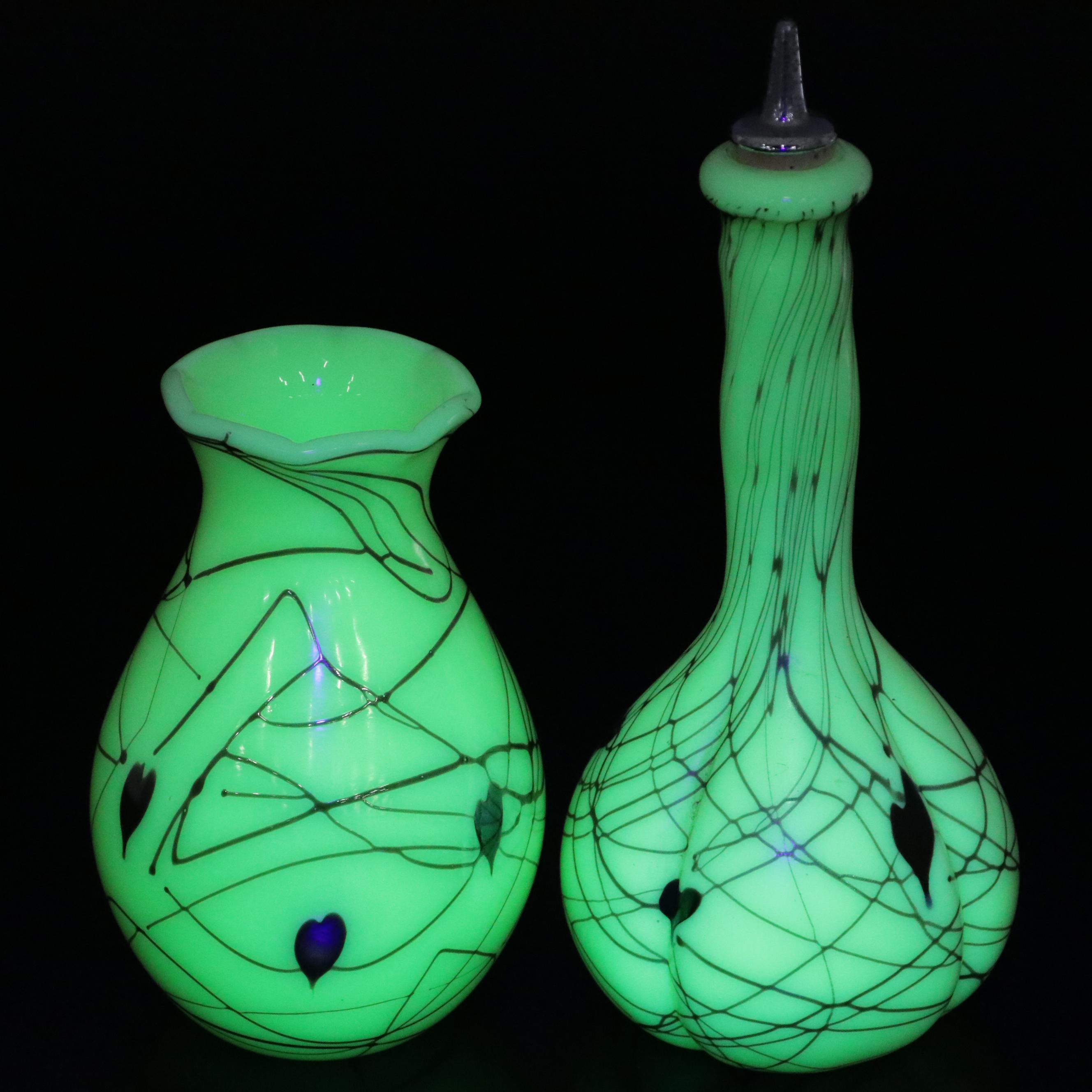 Barber & Fetty Fenton "Hanging Hearts" Custard Glass Barber Bottle & Vase, 1976