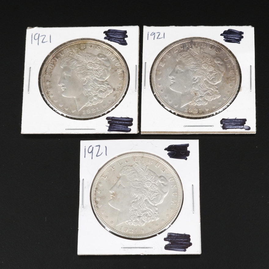 Group of Three 1921 Morgan Silver Dollars From Philadelphia Mint