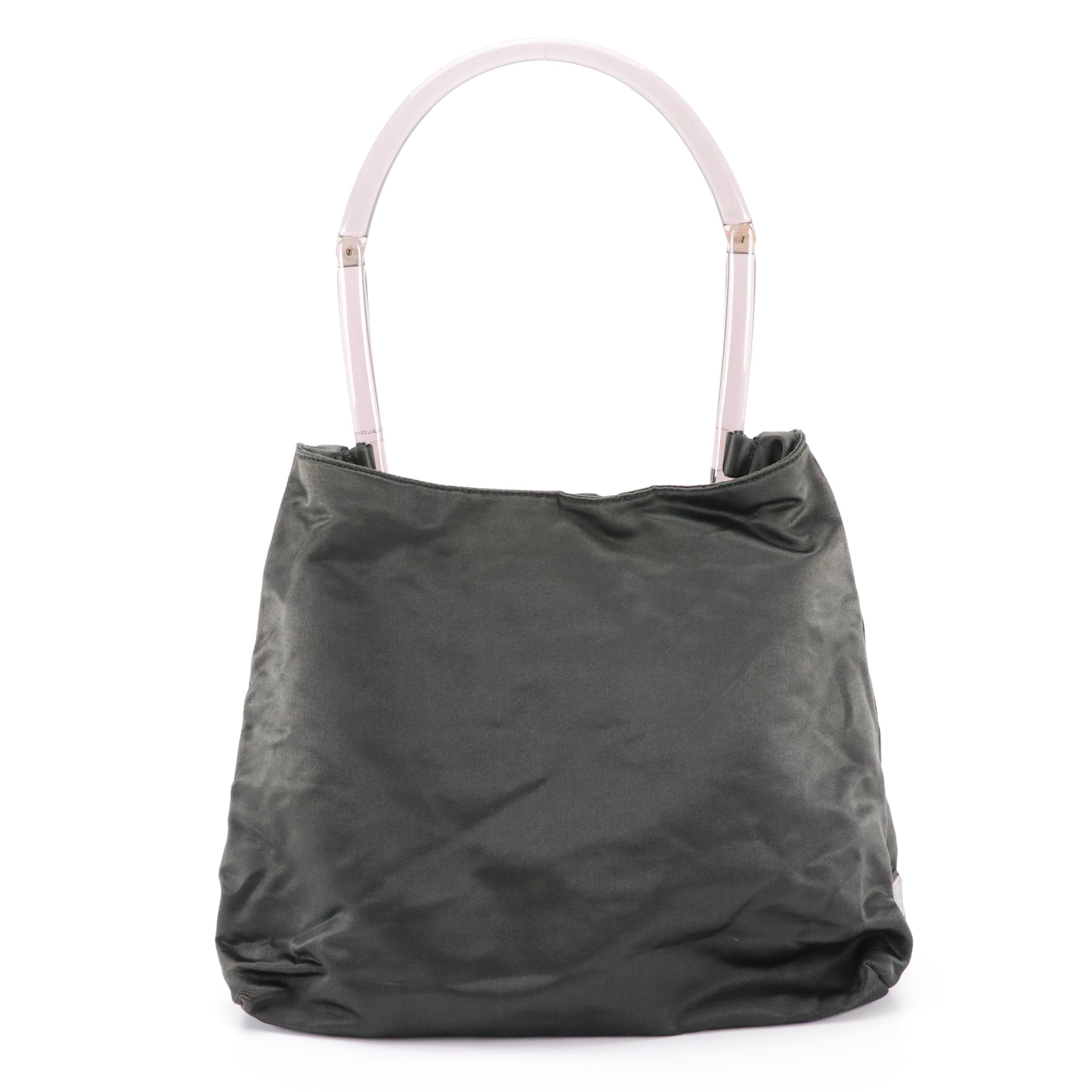 Prada Black Silk Satin Shoulder Bag with Acrylic Handle