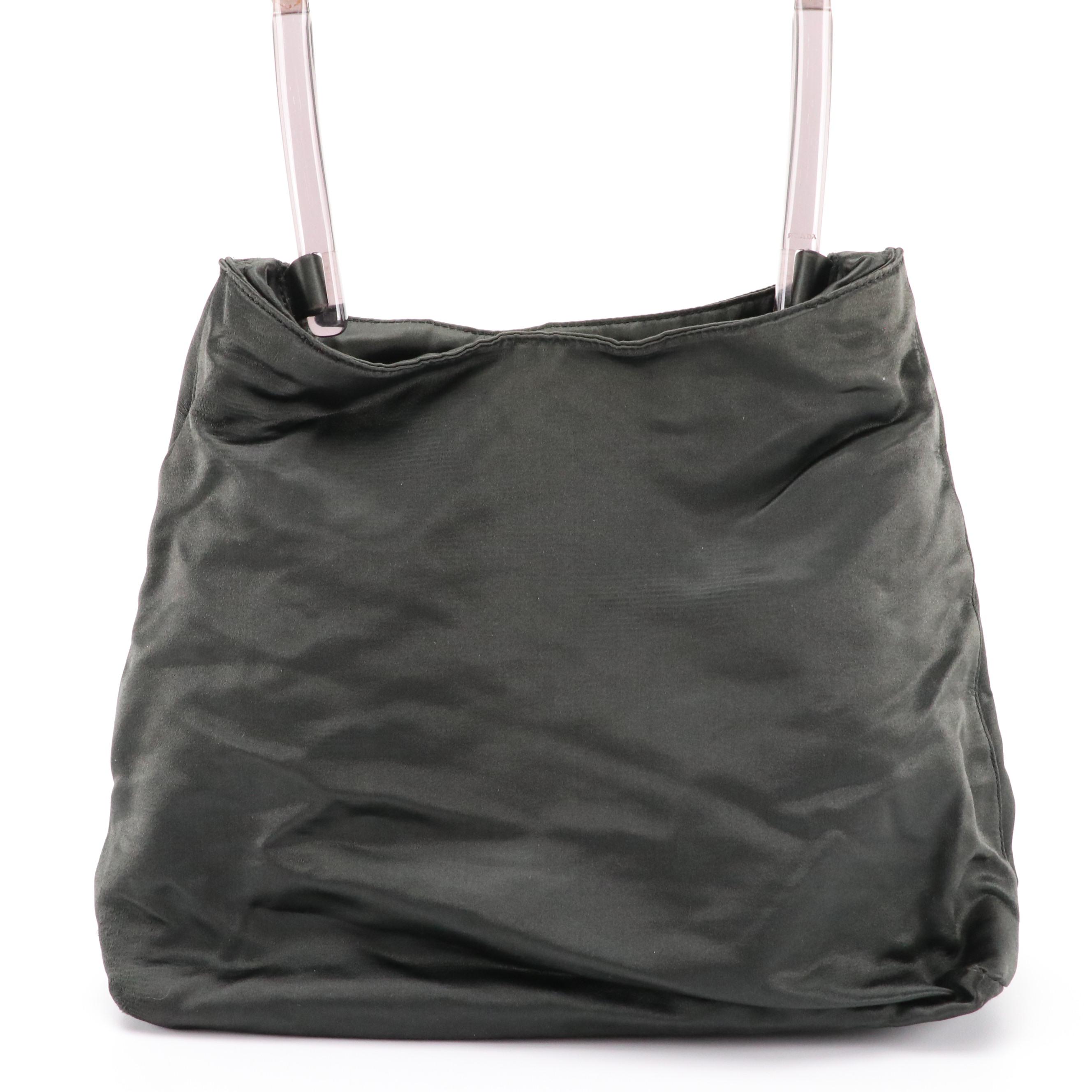 Prada Black Silk Satin Shoulder Bag with Acrylic Handle
