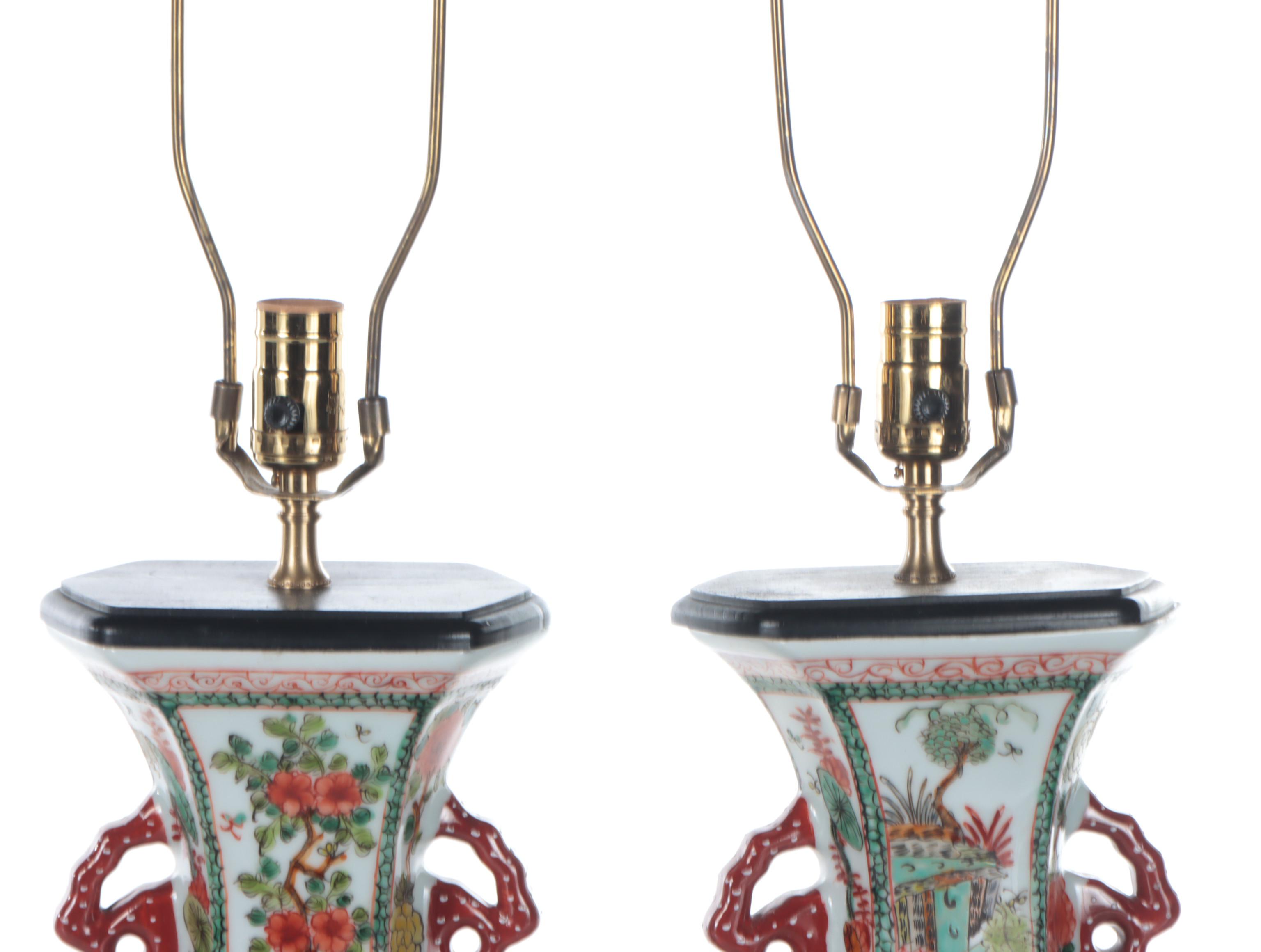 Hand-Painted Ceramic Table Lamps with Ebonized Wood Base