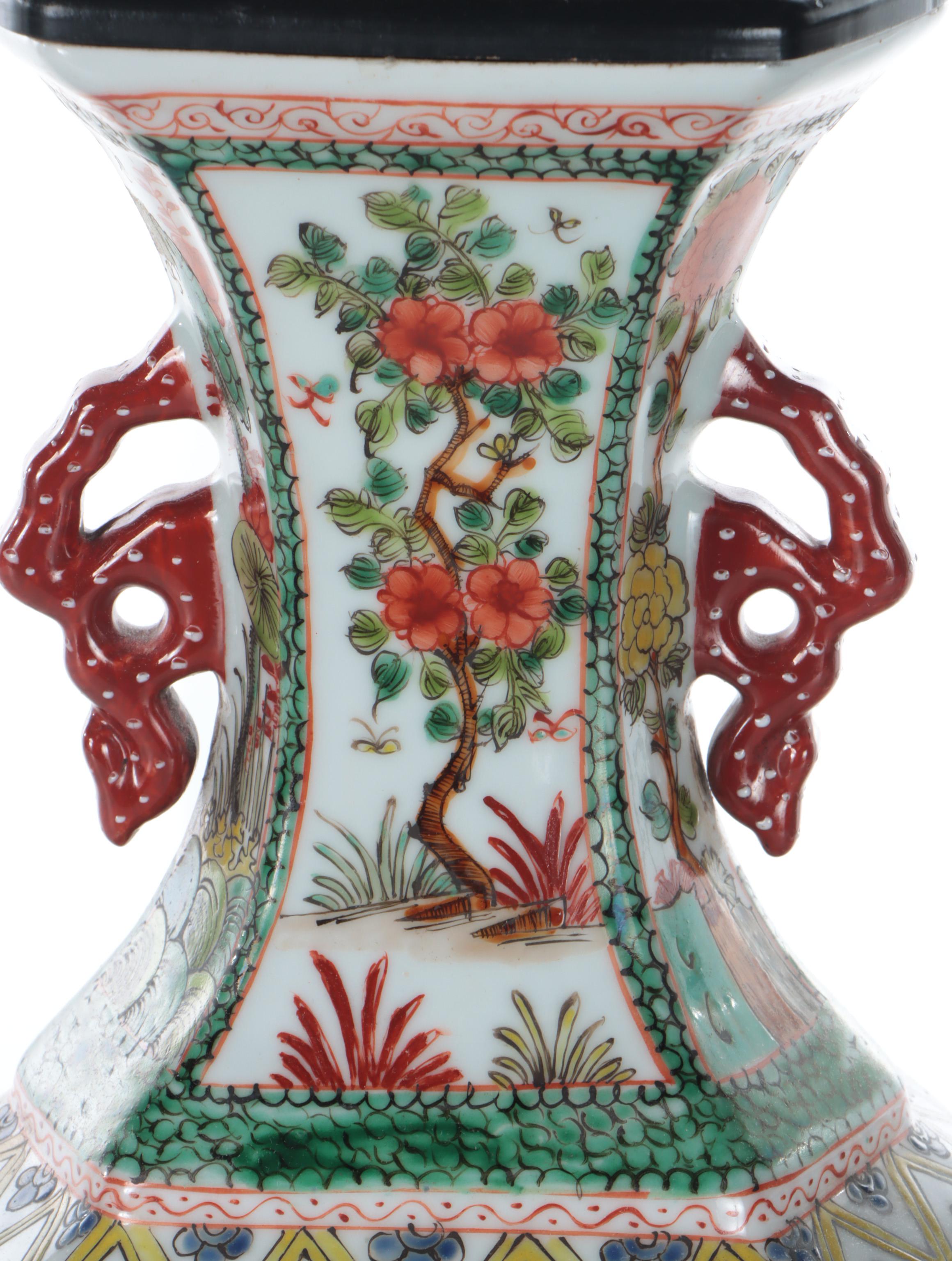 Hand-Painted Ceramic Table Lamps with Ebonized Wood Base