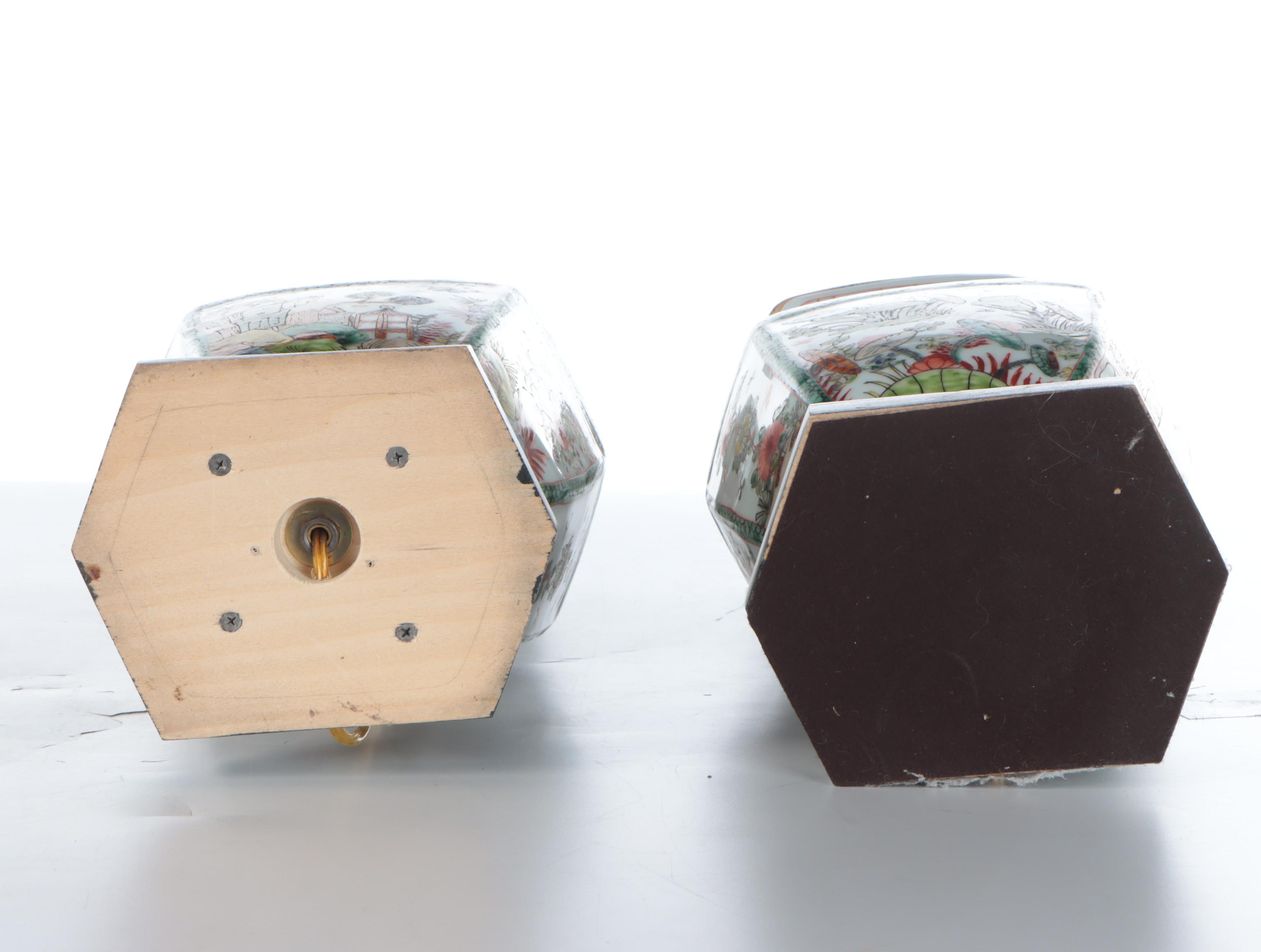 Hand-Painted Ceramic Table Lamps with Ebonized Wood Base