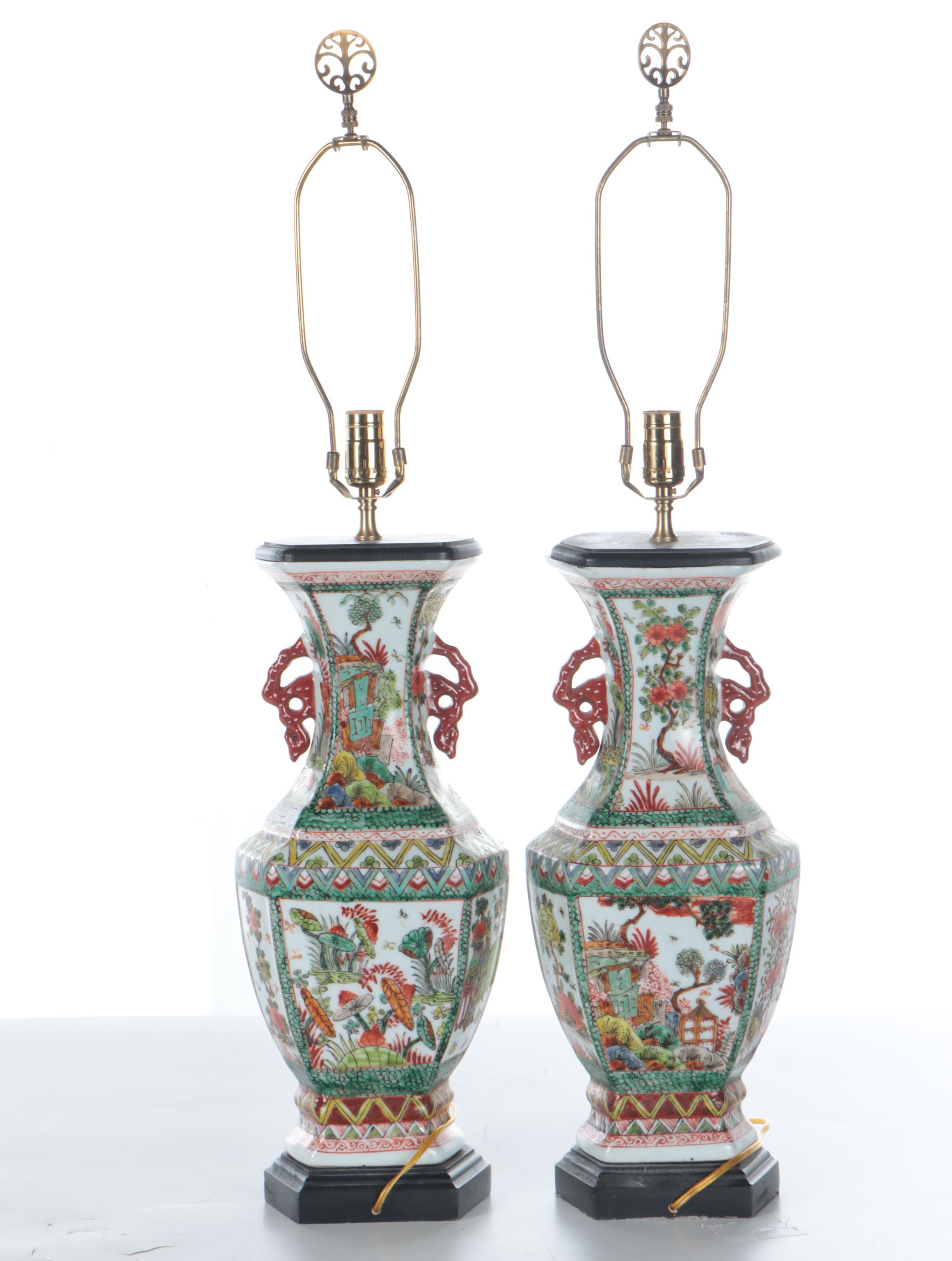 Hand-Painted Ceramic Table Lamps with Ebonized Wood Base