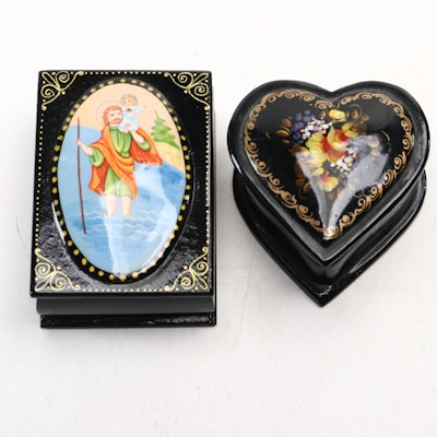 Hand-Crafted Russian Lacquerware Boxes Including St. Christopher