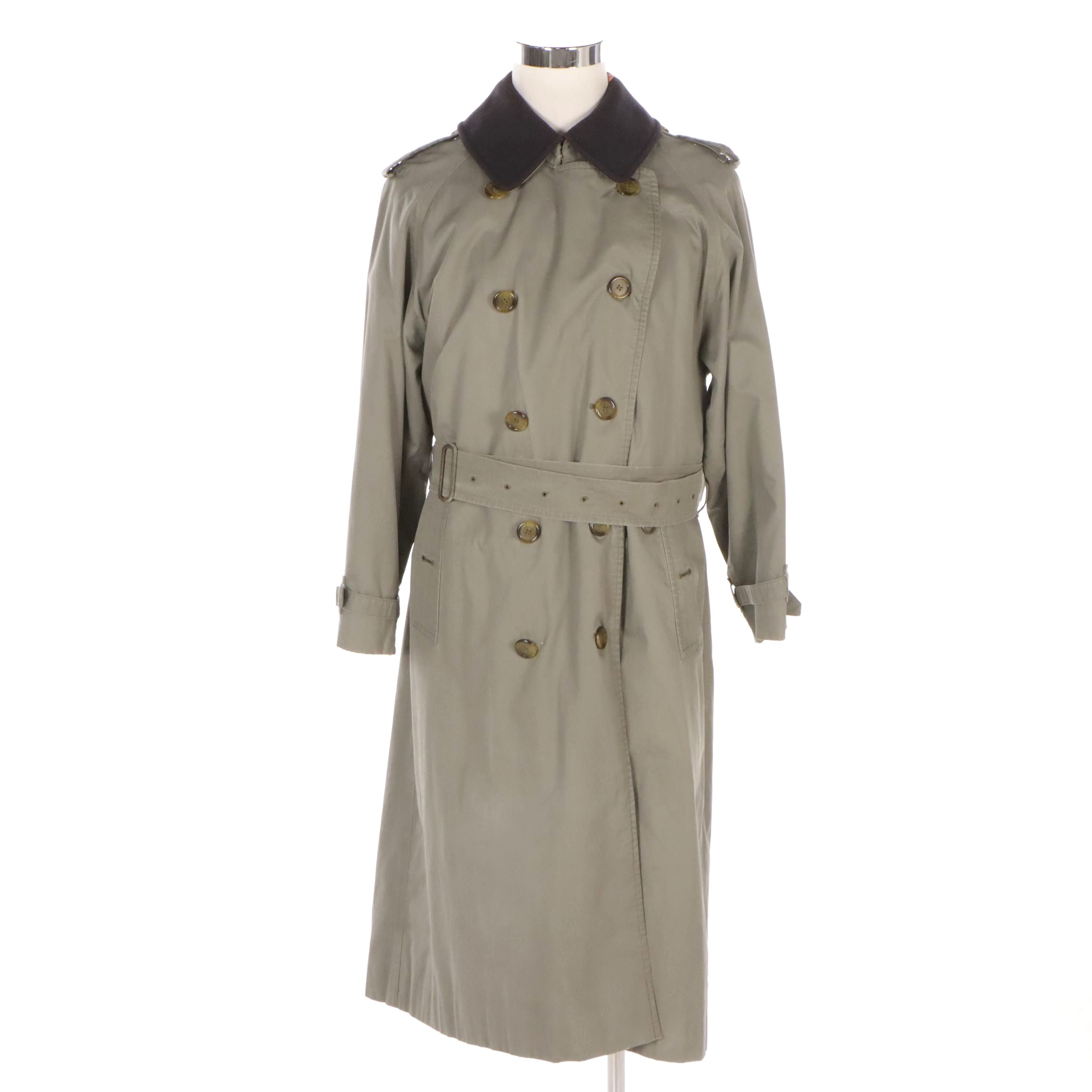 Unisex 'Burberrys' Green Cotton Trench Coat with Wool Collar/Liner