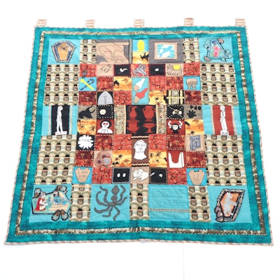 Embellished Quilted Hanging Tapestry with Egyptian Cat Motifs