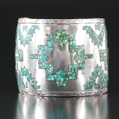 Southwest Sterling Turquoise Chip Inlay Star Cuff Bracelet