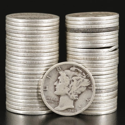 Roll of Fifty Silver Mercury Dimes All After 1940