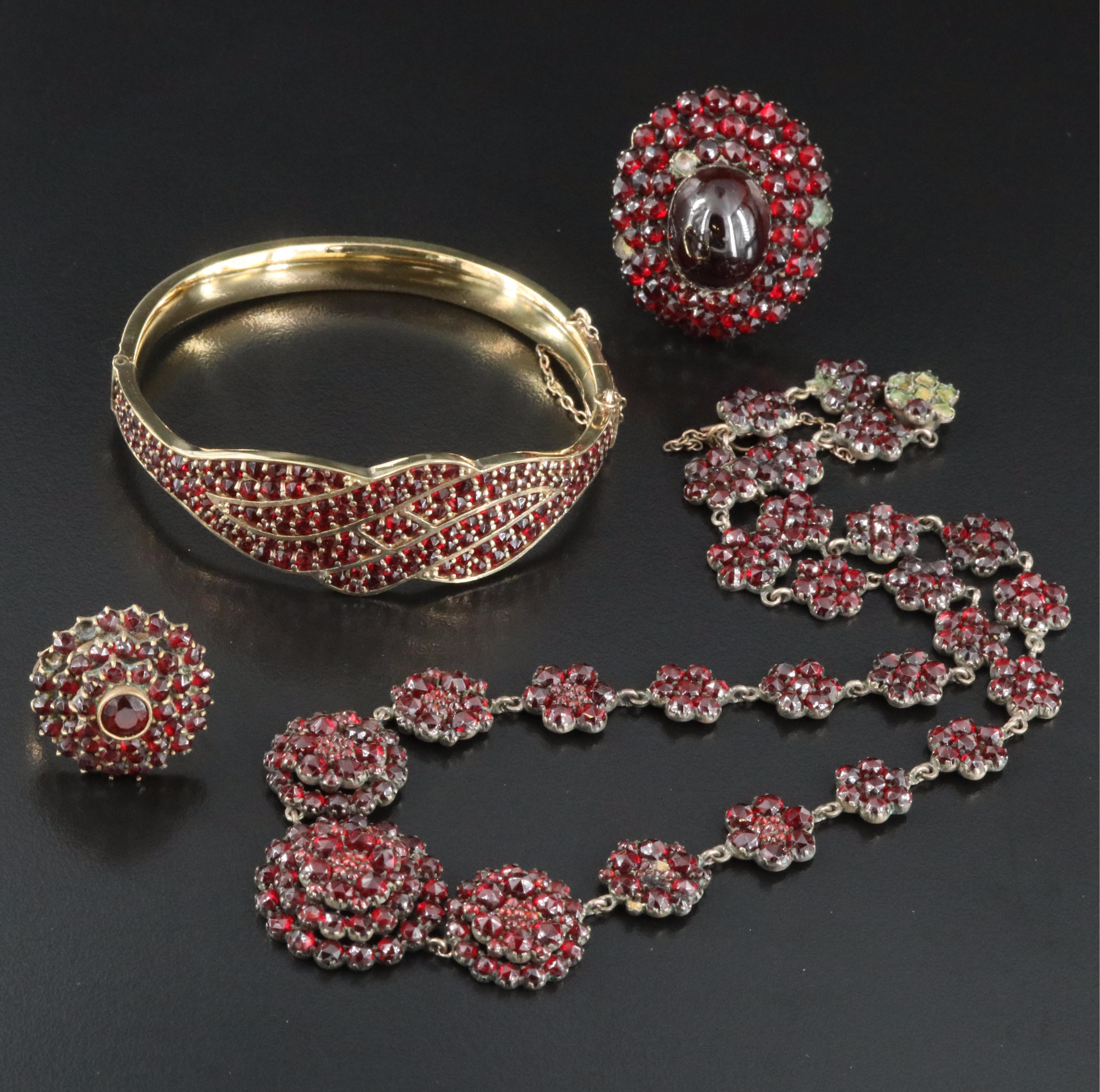 Collection of Vintage Garnet Jewelry Featuring French 900 Silver Bracelet