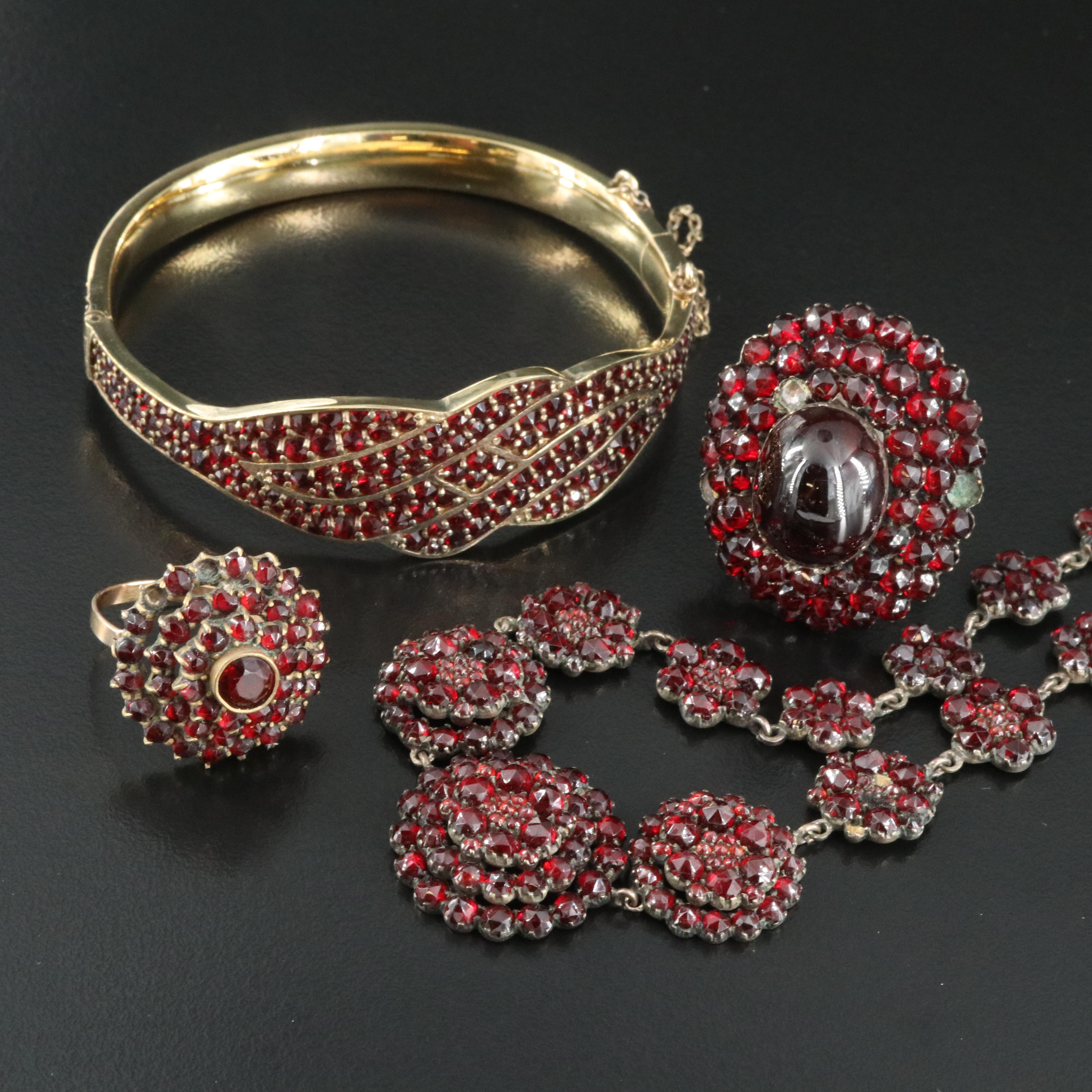 Collection of Vintage Garnet Jewelry Featuring French 900 Silver Bracelet