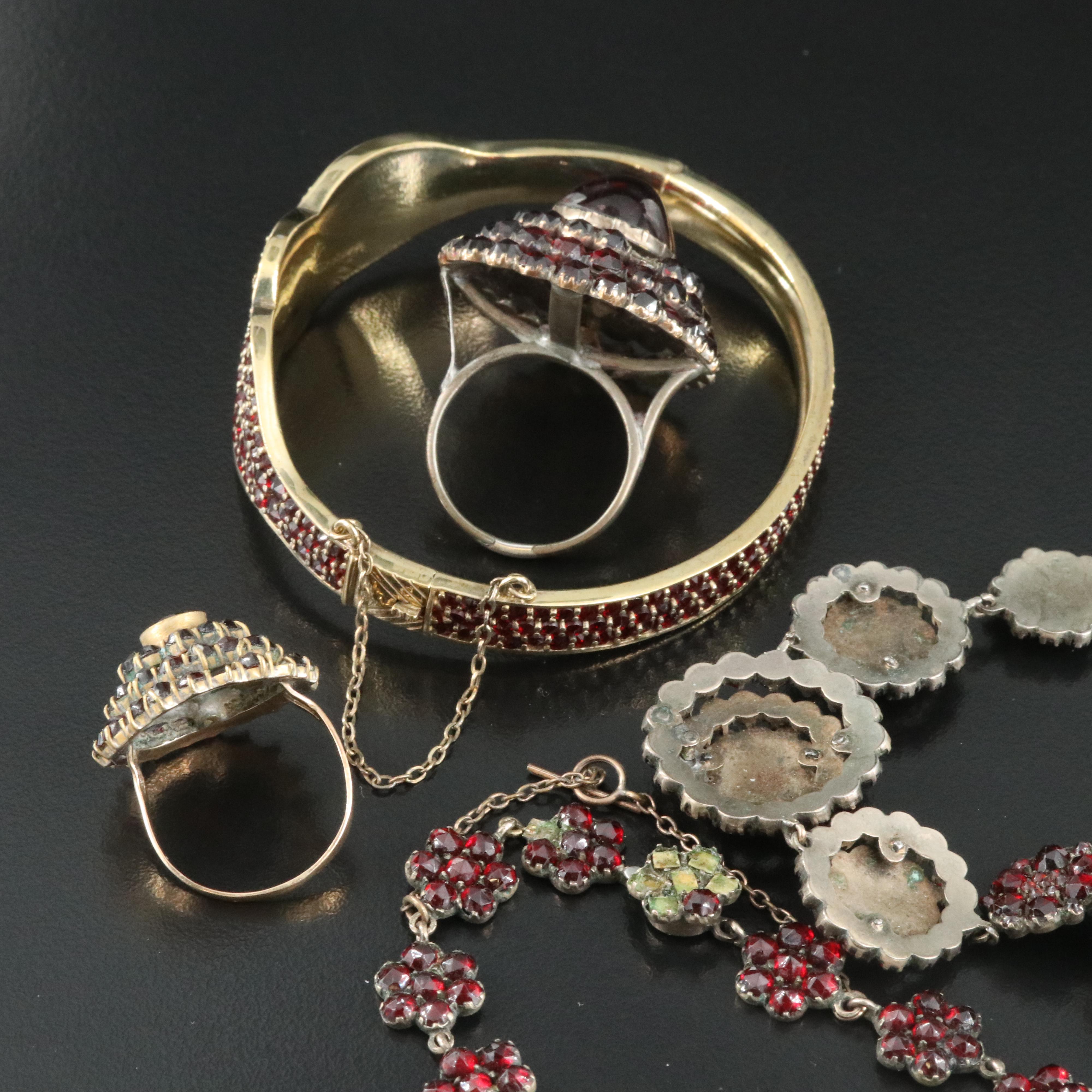 Collection of Vintage Garnet Jewelry Featuring French 900 Silver Bracelet