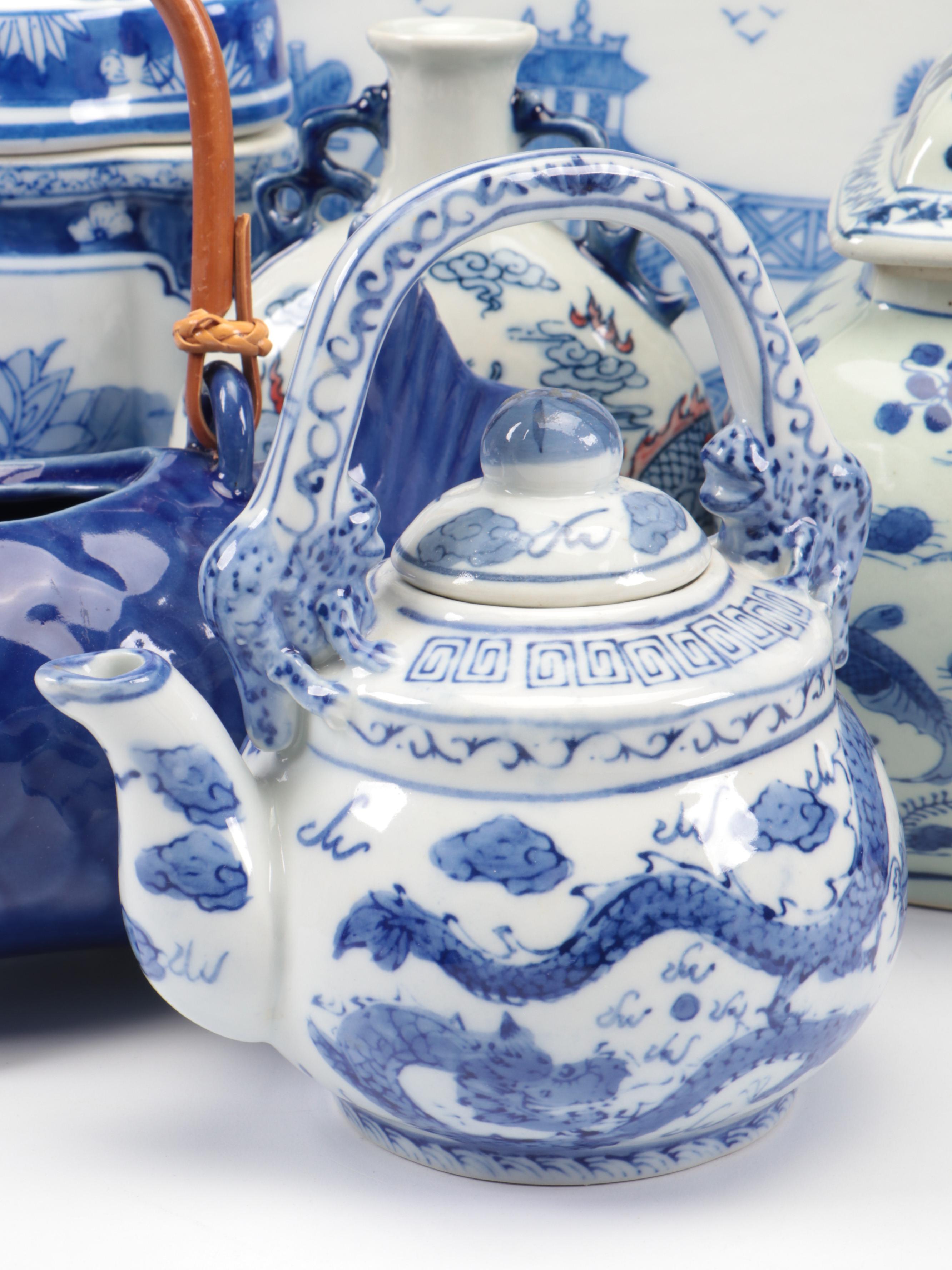 World Market Blue Koi Teapot with Chinese Blue and White Teapots and Décor