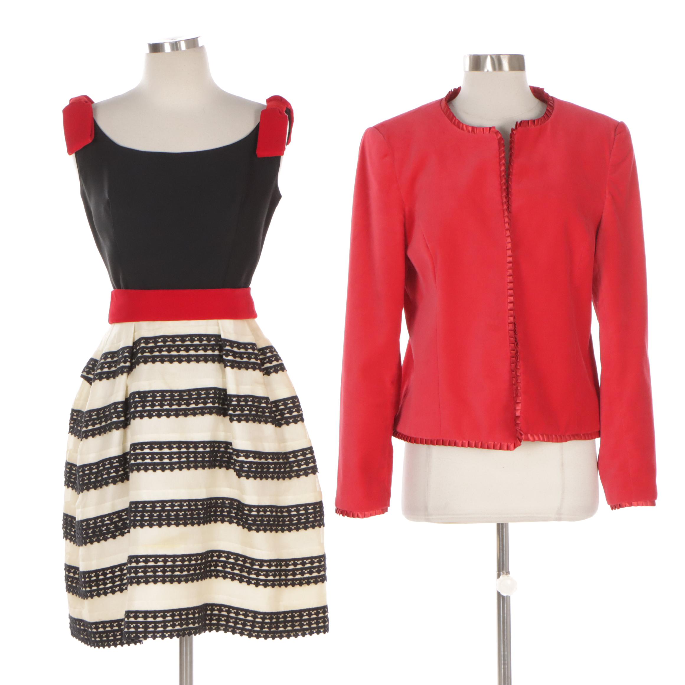 Sleeveless Cocktail Dress with Red Bows and Sash with Red Jacket