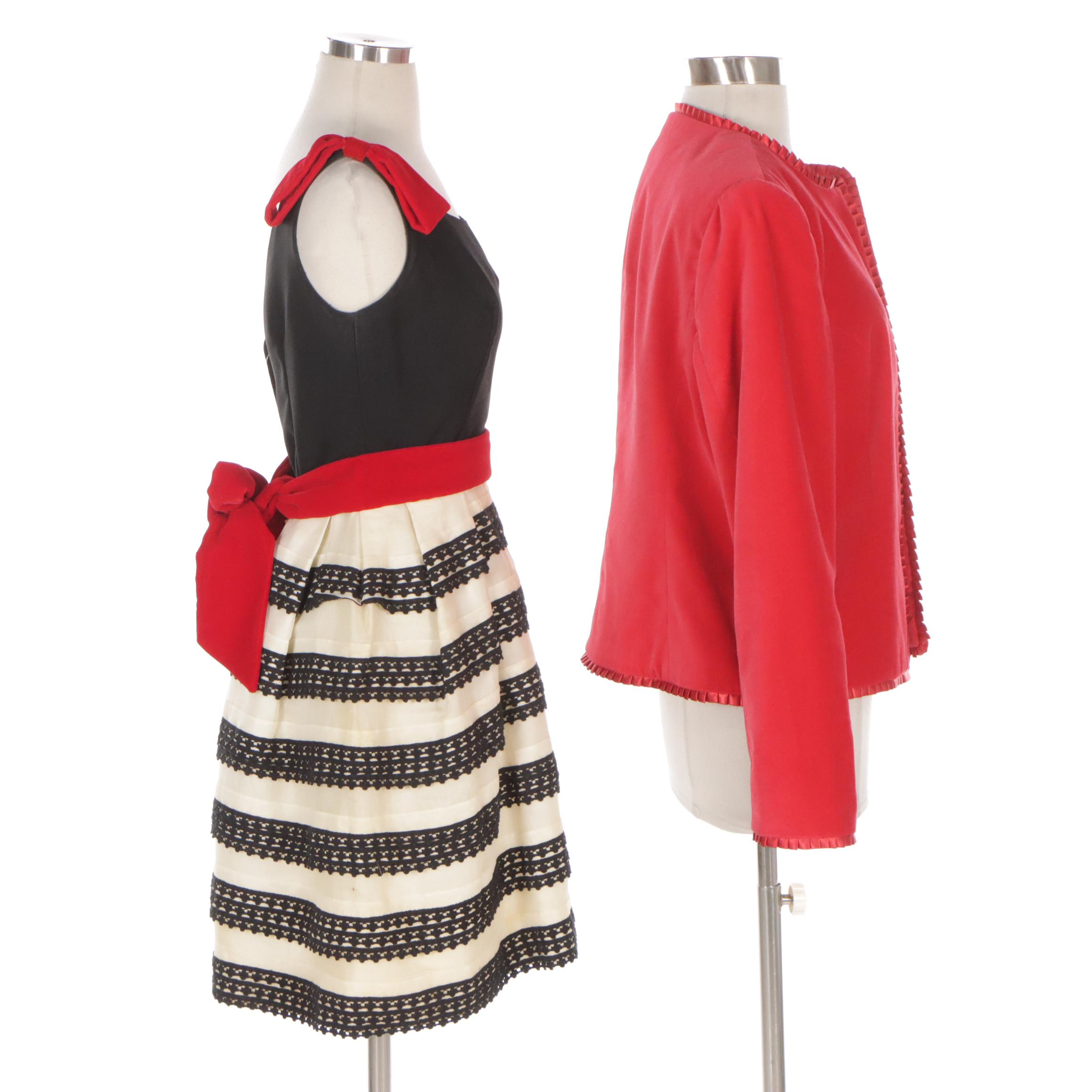 Sleeveless Cocktail Dress with Red Bows and Sash with Red Jacket