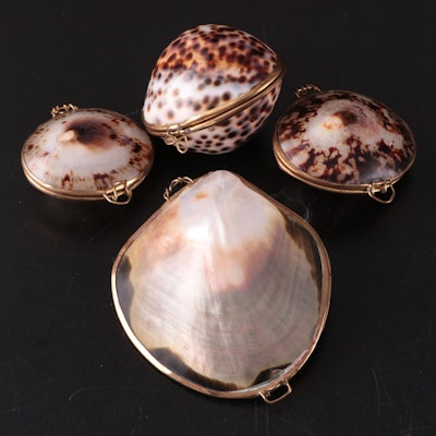 Cowrie, Polished Limpet, and Mother of Pearl Hinged Boxes