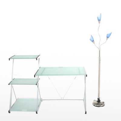Postmodern Tempered Glass and Metal Desk with Torchiere Lamp