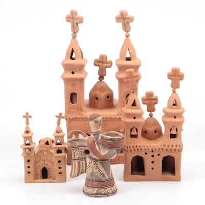 Mexican Folk Art Terracotta Luminary Churches and Guerrero Angel Candle Holder