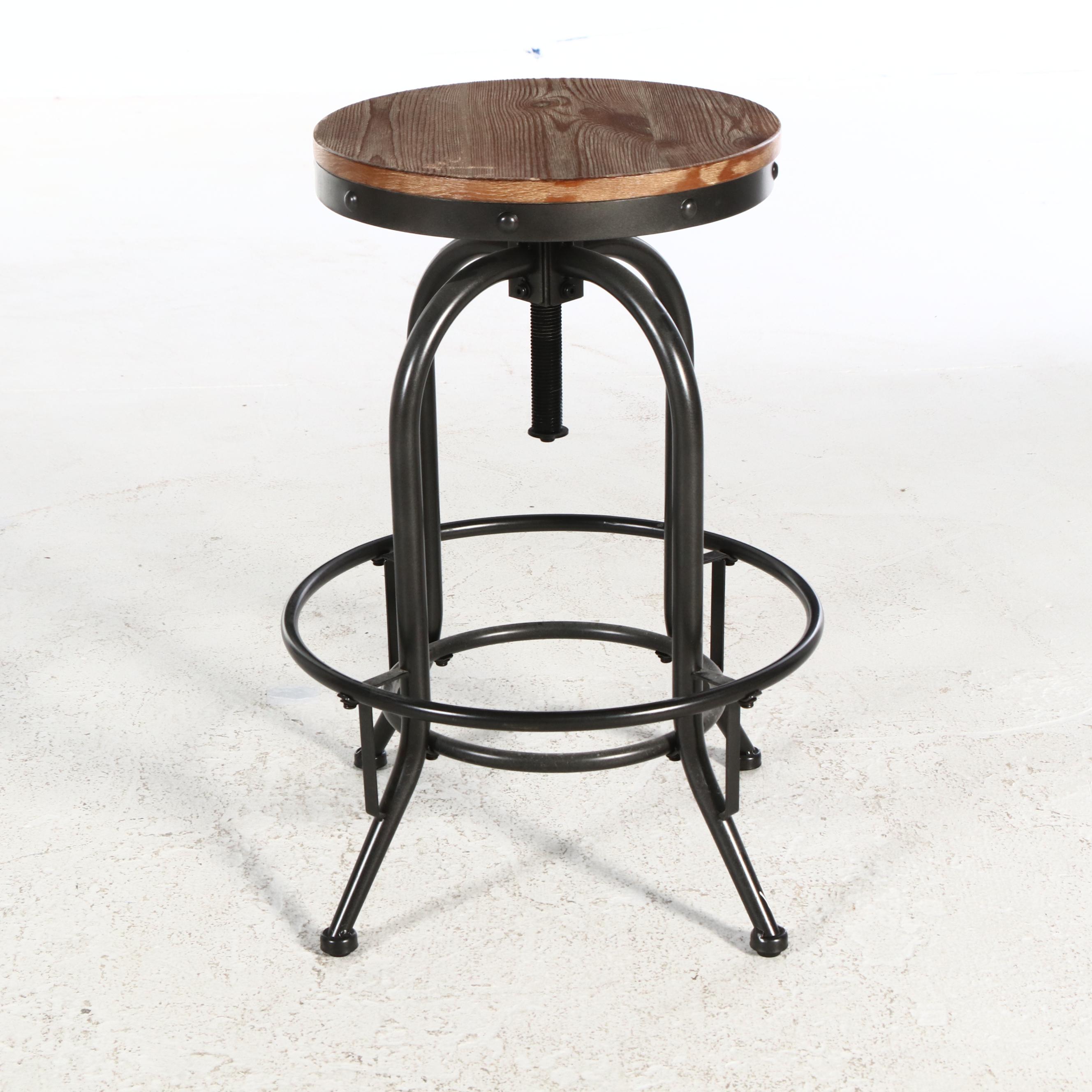 Pair of Ashley Furniture Industrial Style Metal and Oak Finish Stools