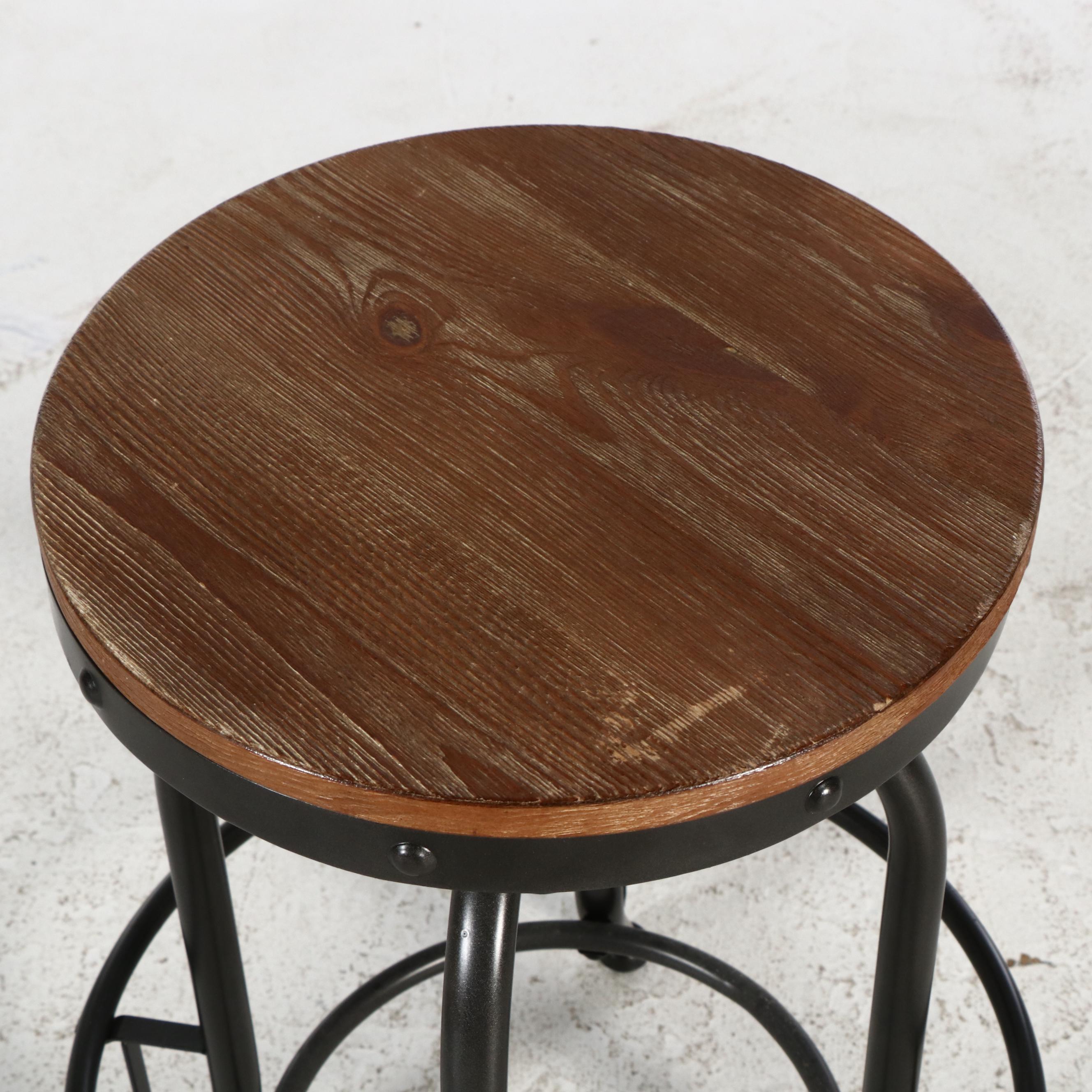 Pair of Ashley Furniture Industrial Style Metal and Oak Finish Stools