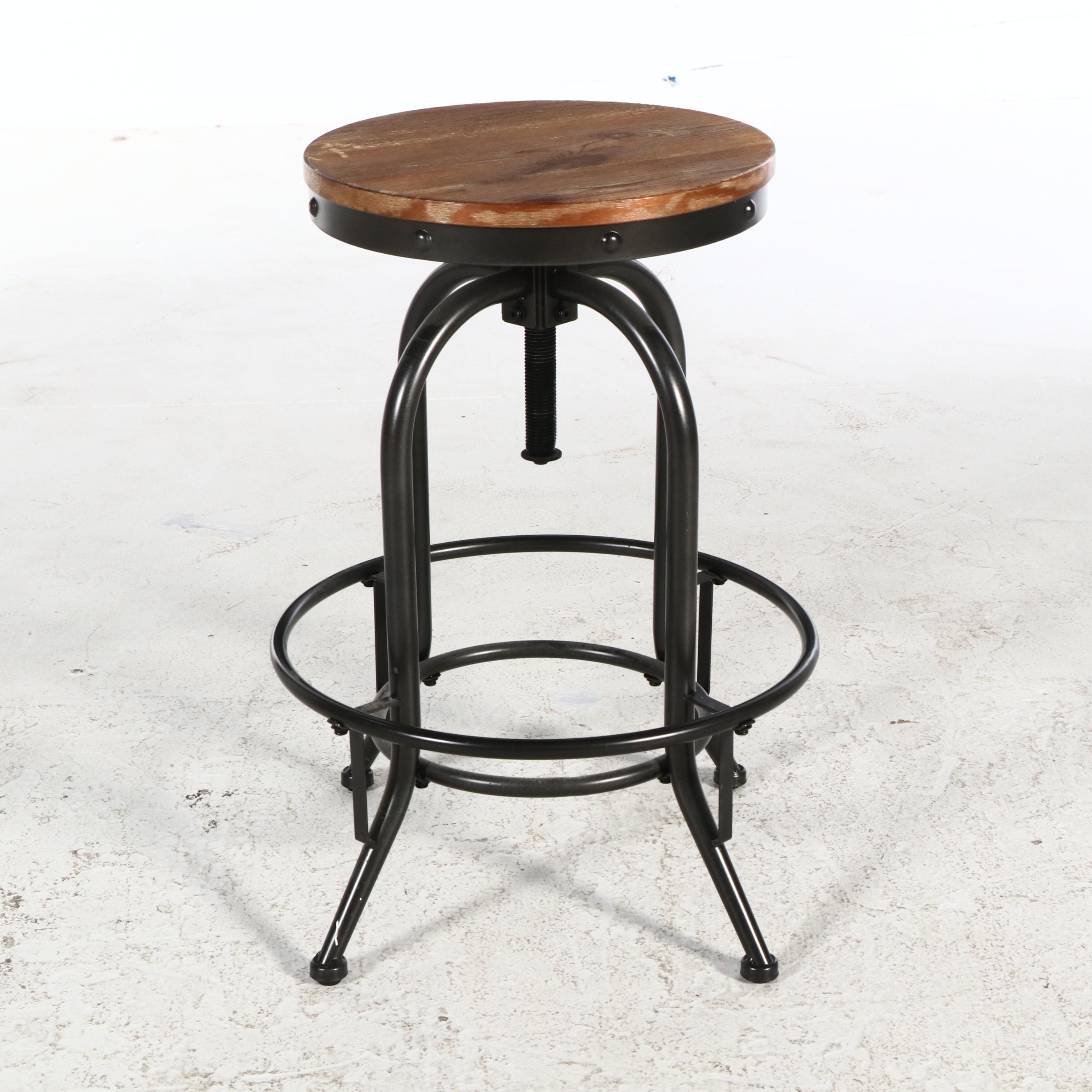 Pair of Ashley Furniture Industrial Style Metal and Oak Finish Stools