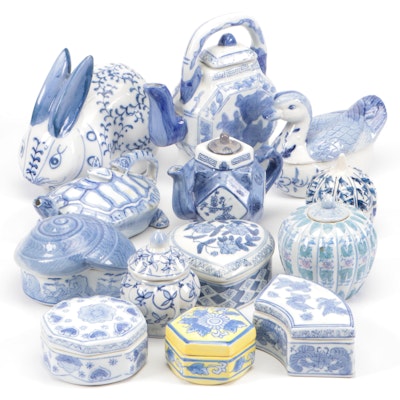Chinese Blue and White Porcelain Boxes, Mini Tea Pots and Figurines