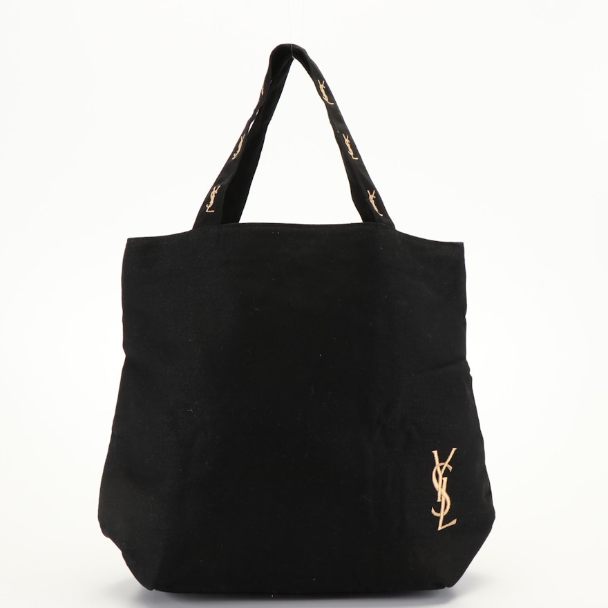 Yves Saint Laurent  YSL Gold Logo Black Canvas Tote Bag