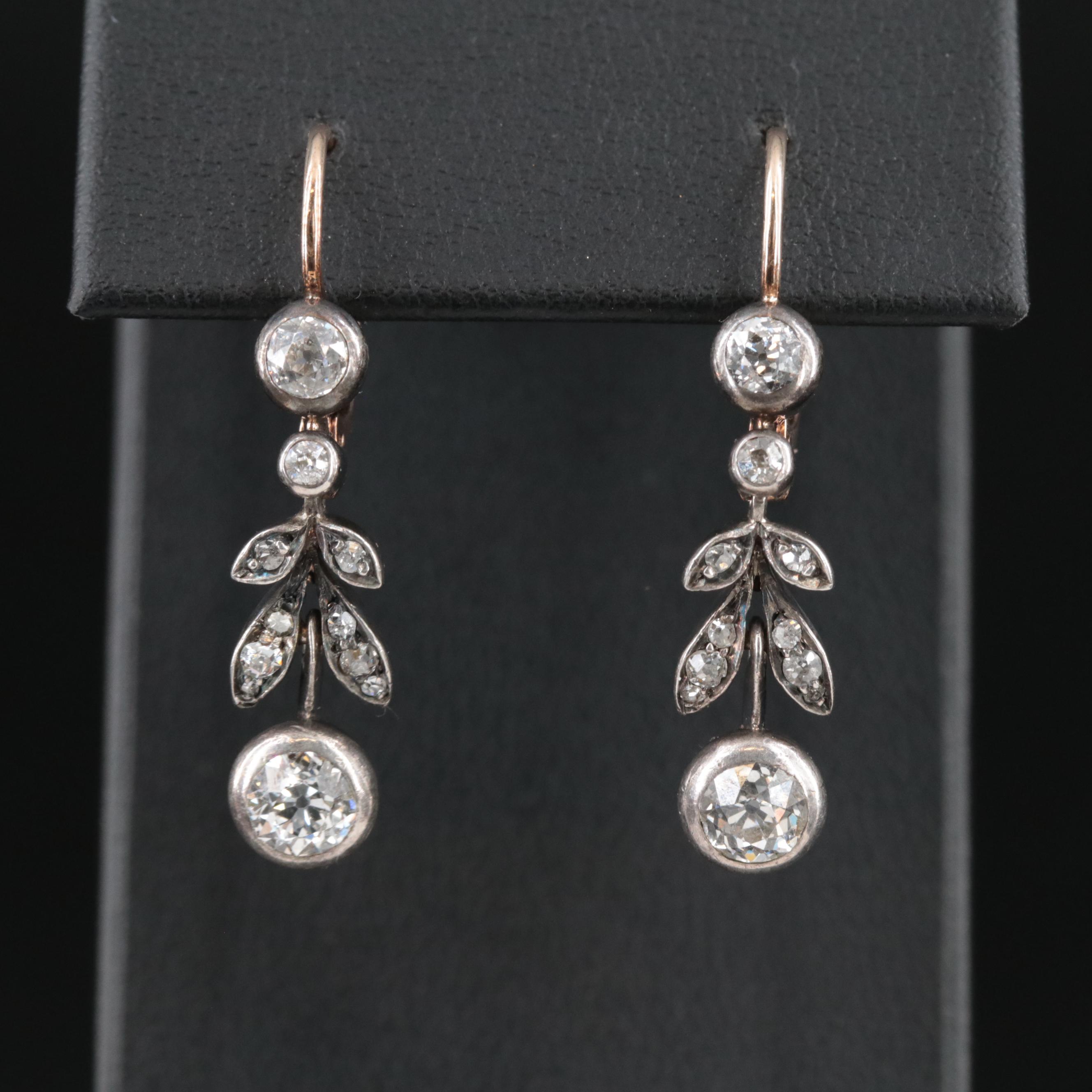 Antique 14K and Sterling 1.53 CTW Diamond Foliate Earrings