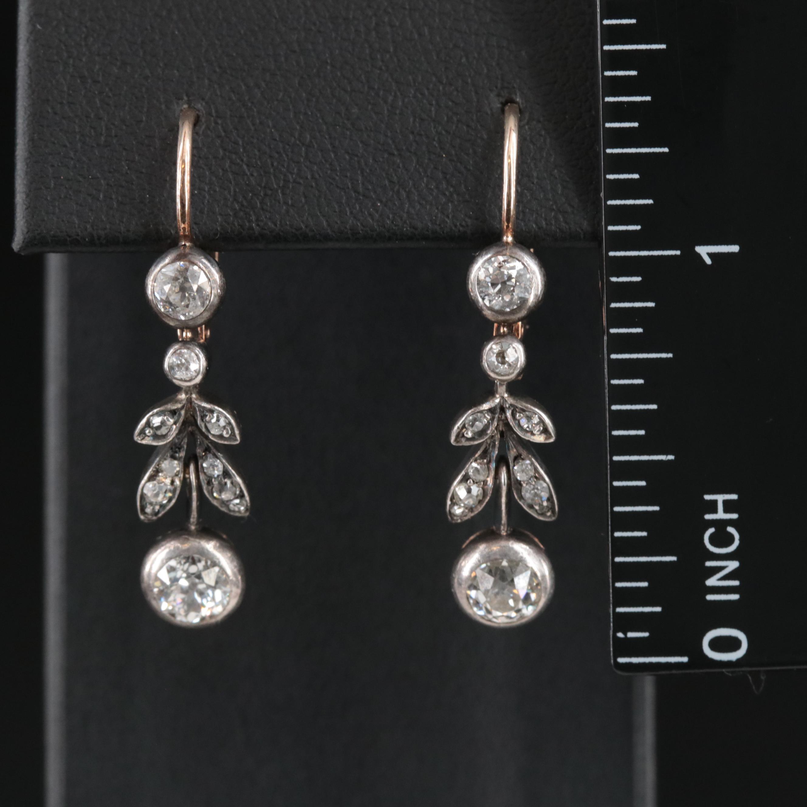 Antique 14K and Sterling 1.53 CTW Diamond Foliate Earrings