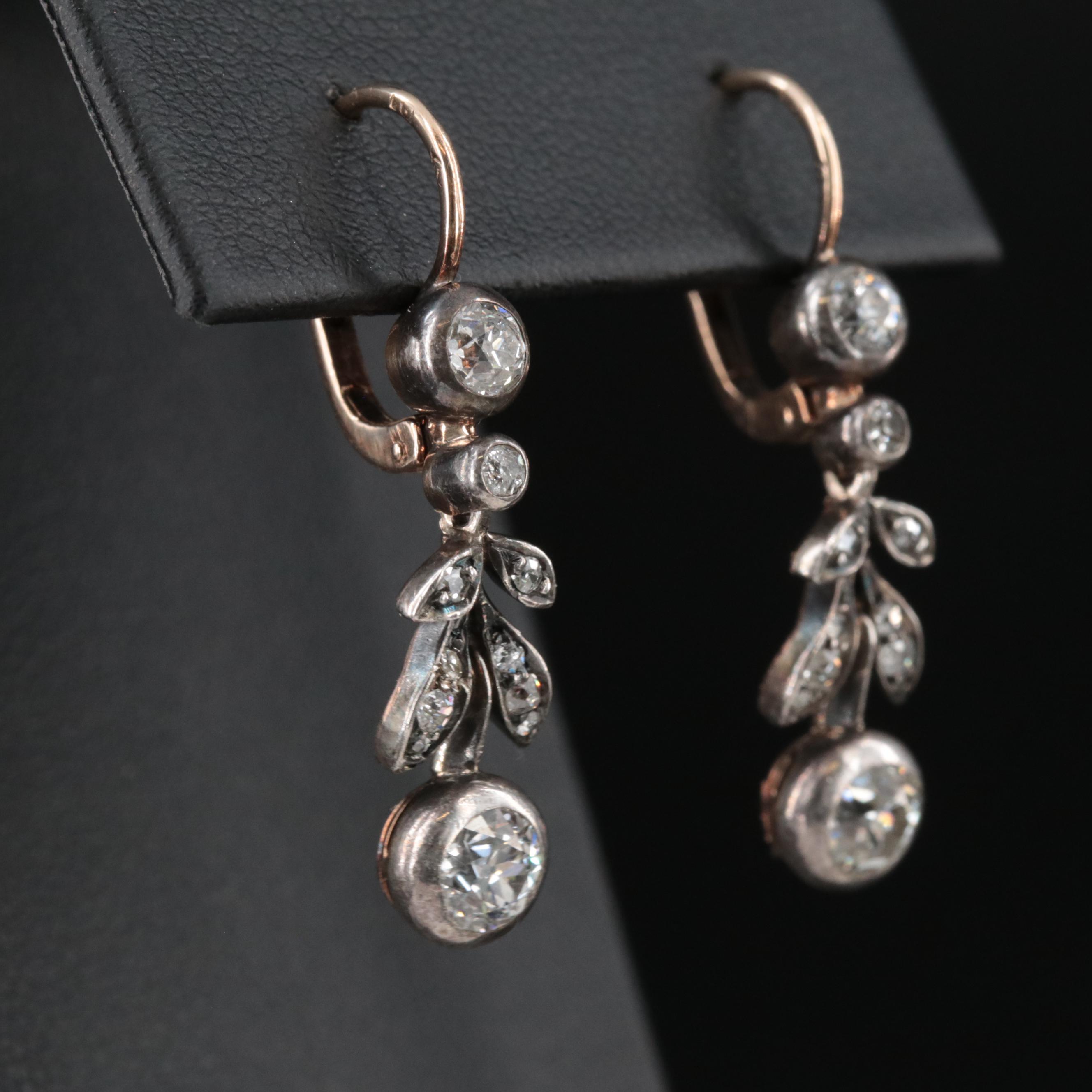 Antique 14K and Sterling 1.53 CTW Diamond Foliate Earrings