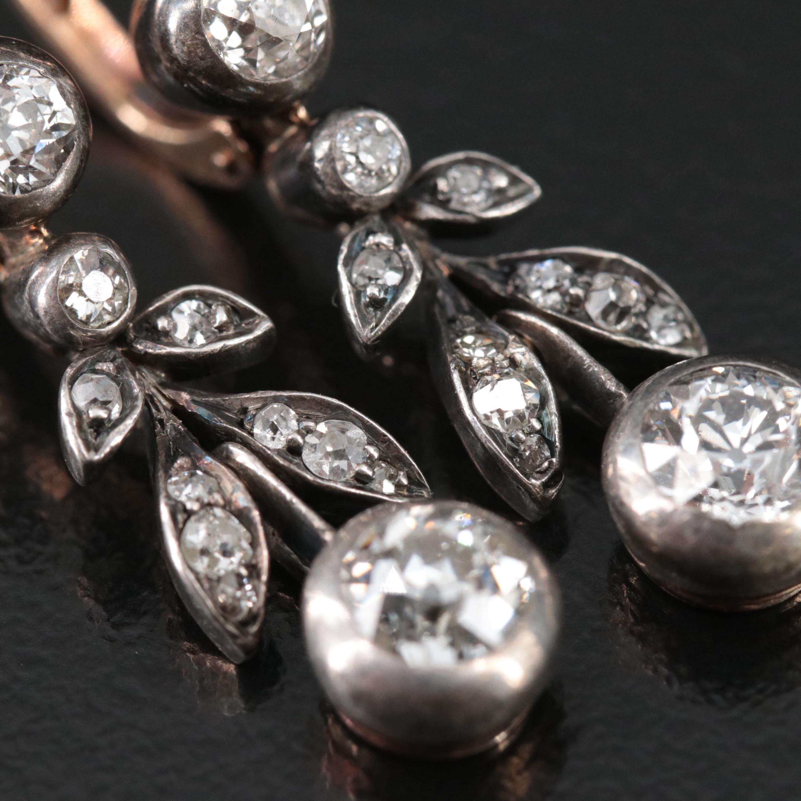 Antique 14K and Sterling 1.53 CTW Diamond Foliate Earrings