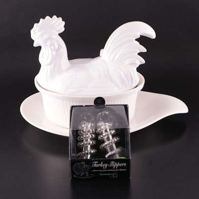 Stoneware Rooster Tureen with Ladle, Hallcraft Platter and Turkey Slippers