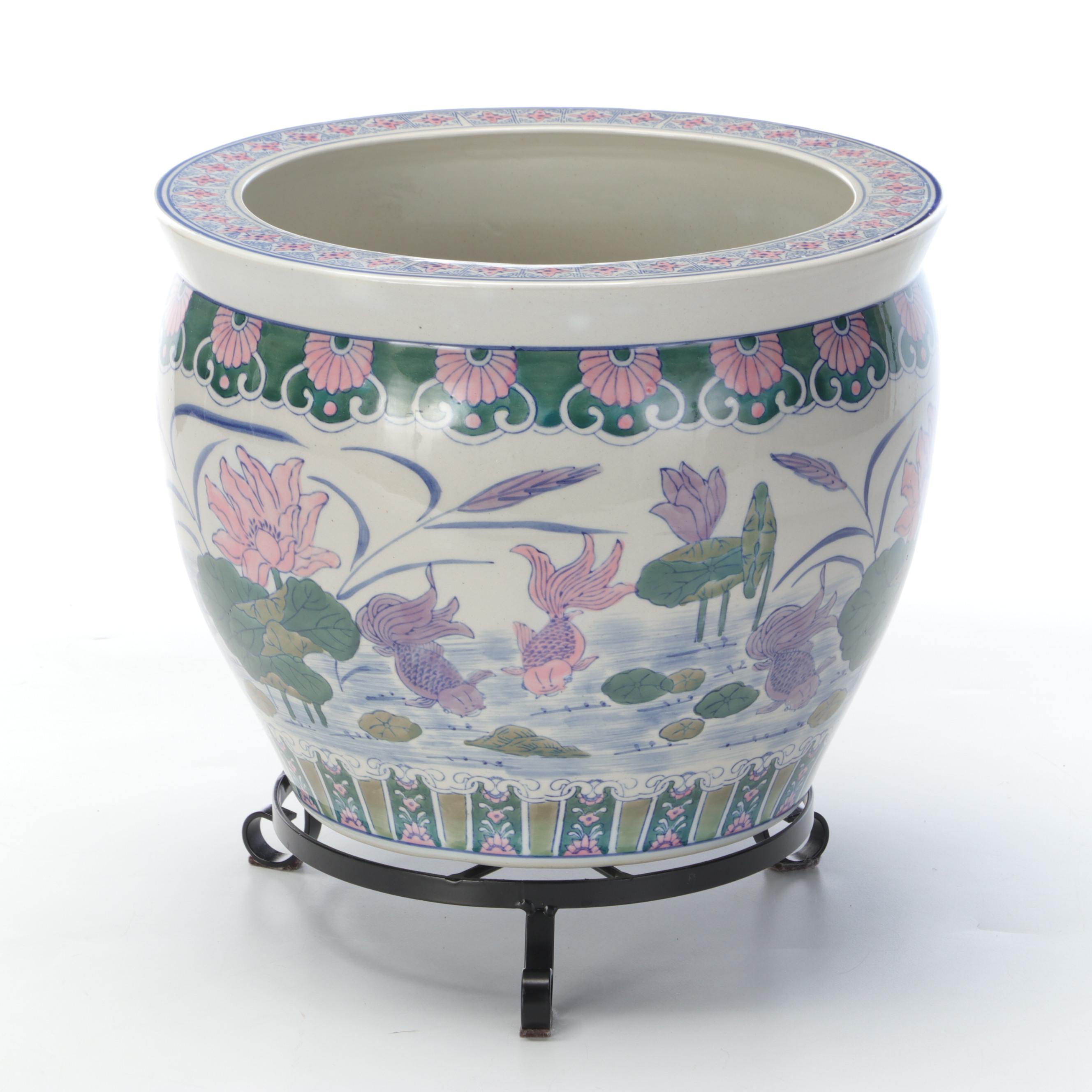 Chinese Porcelain Fishbowl Planter with Metal Stand