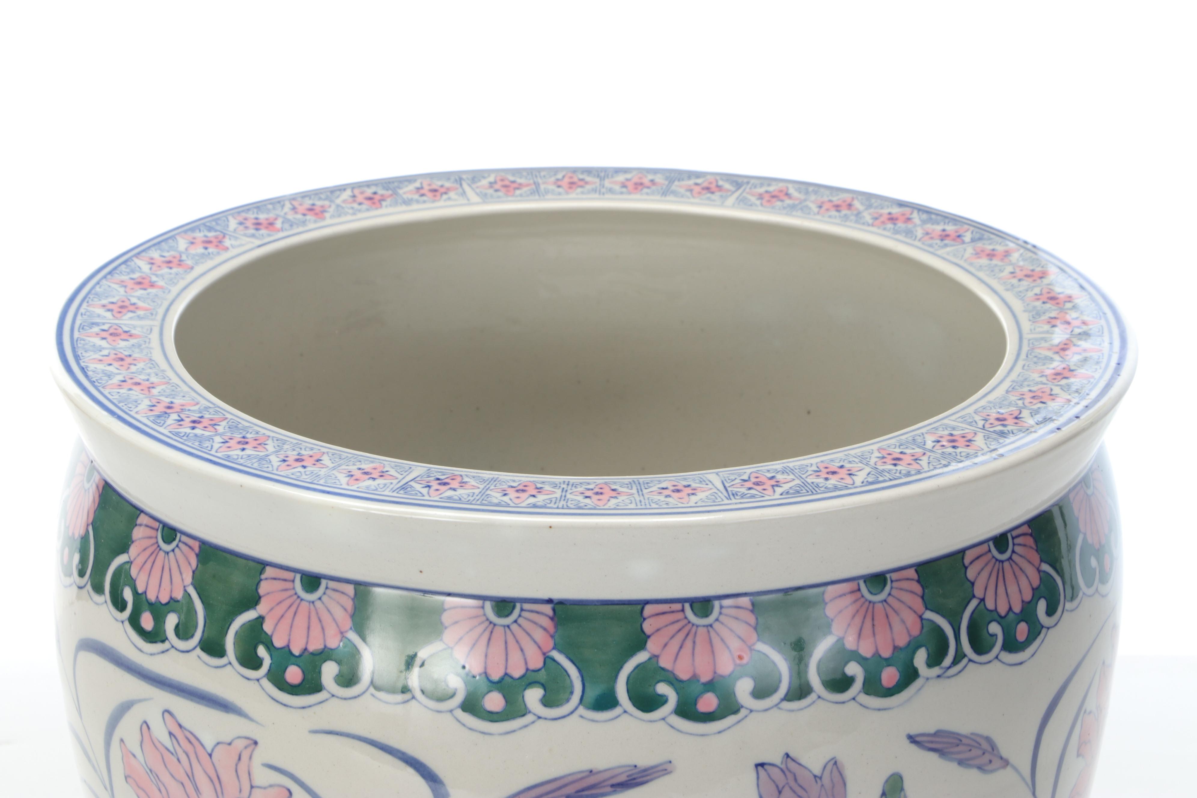 Chinese Porcelain Fishbowl Planter with Metal Stand