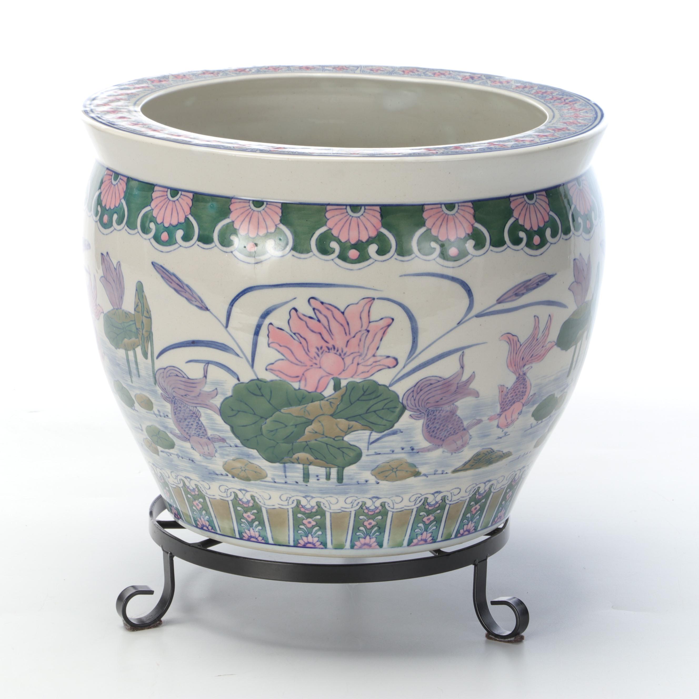Chinese Porcelain Fishbowl Planter with Metal Stand
