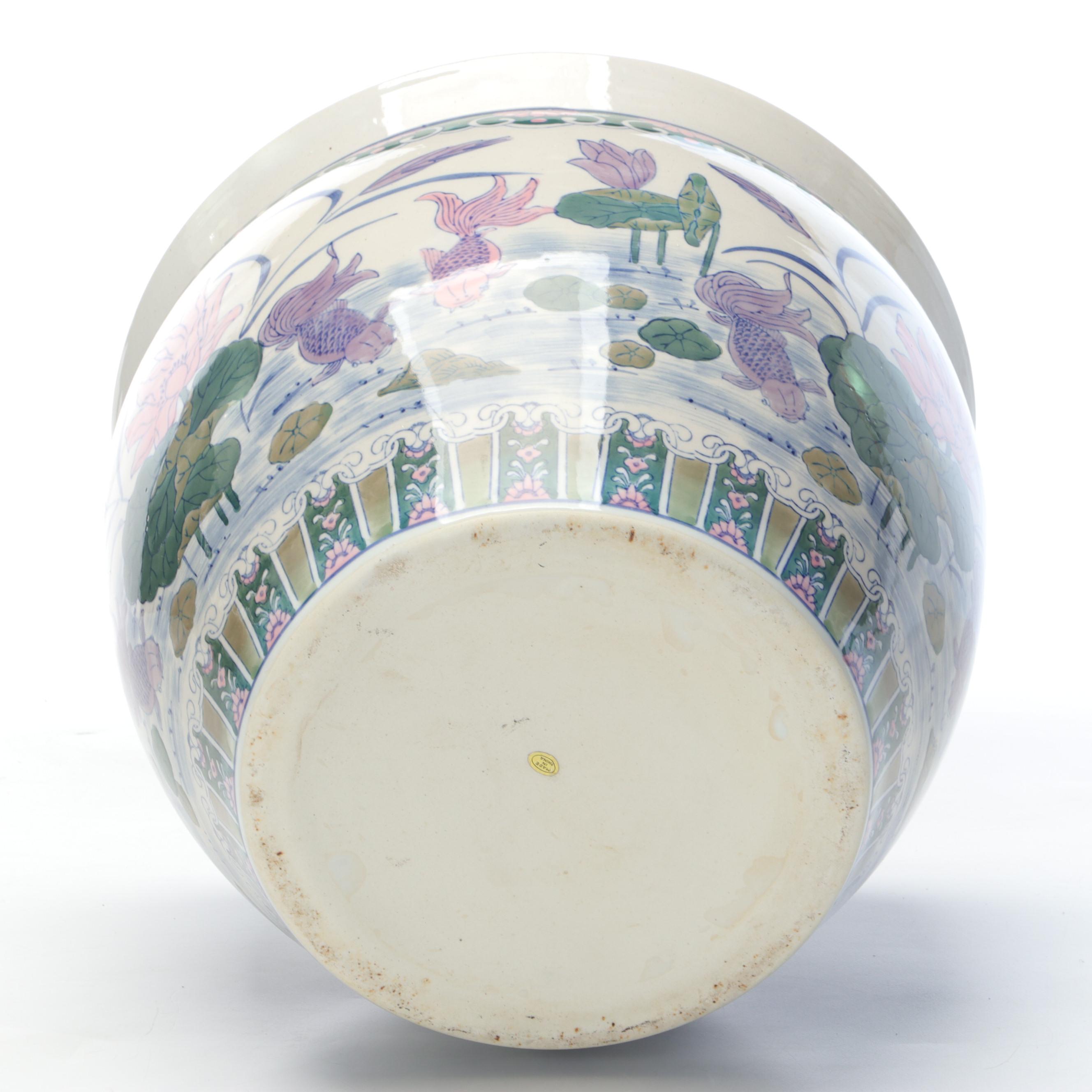 Chinese Porcelain Fishbowl Planter with Metal Stand