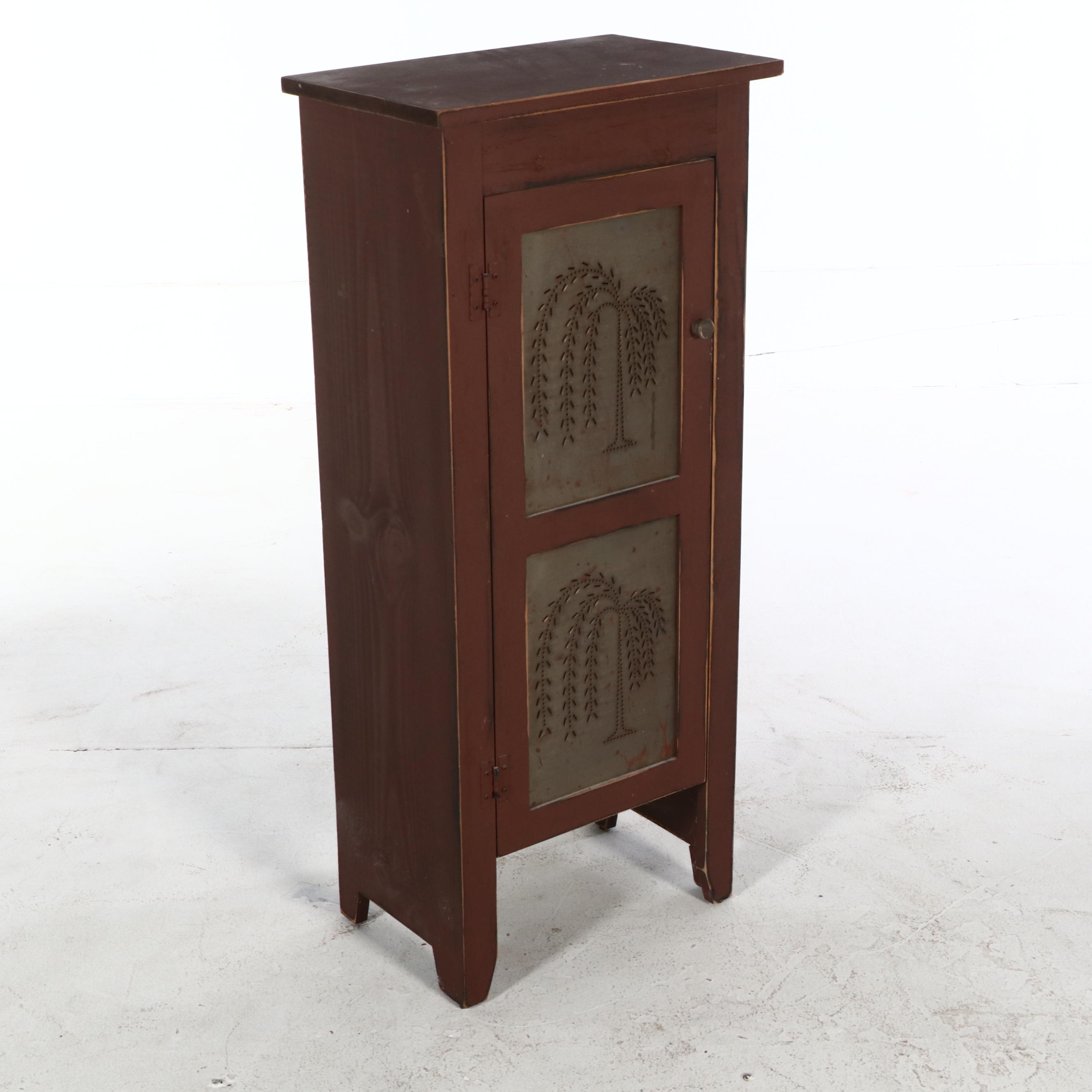 American Primitive Style Painted Wood Cabinets, One with Tree-Motif Punched Tins