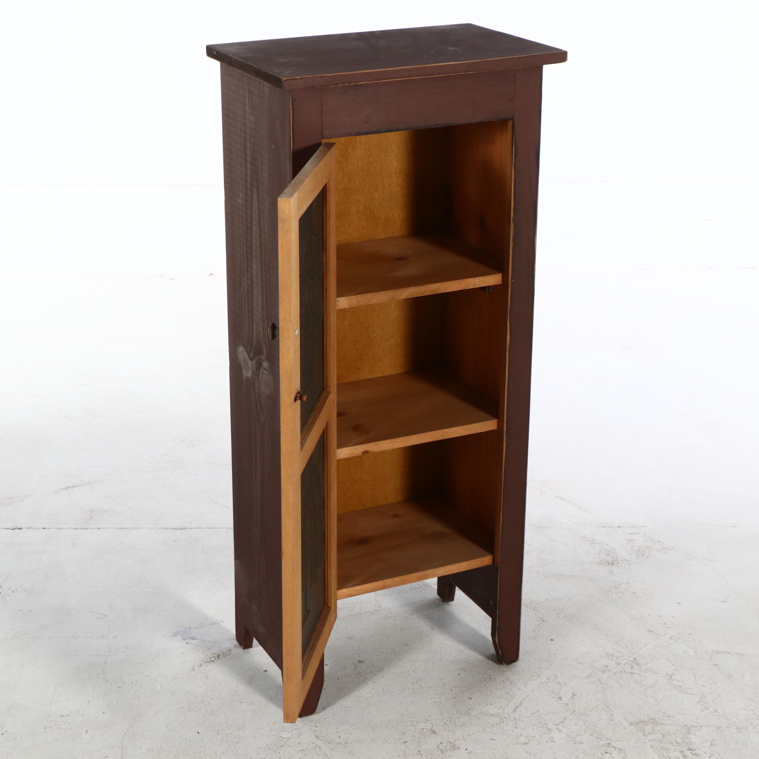 American Primitive Style Painted Wood Cabinets, One with Tree-Motif Punched Tins