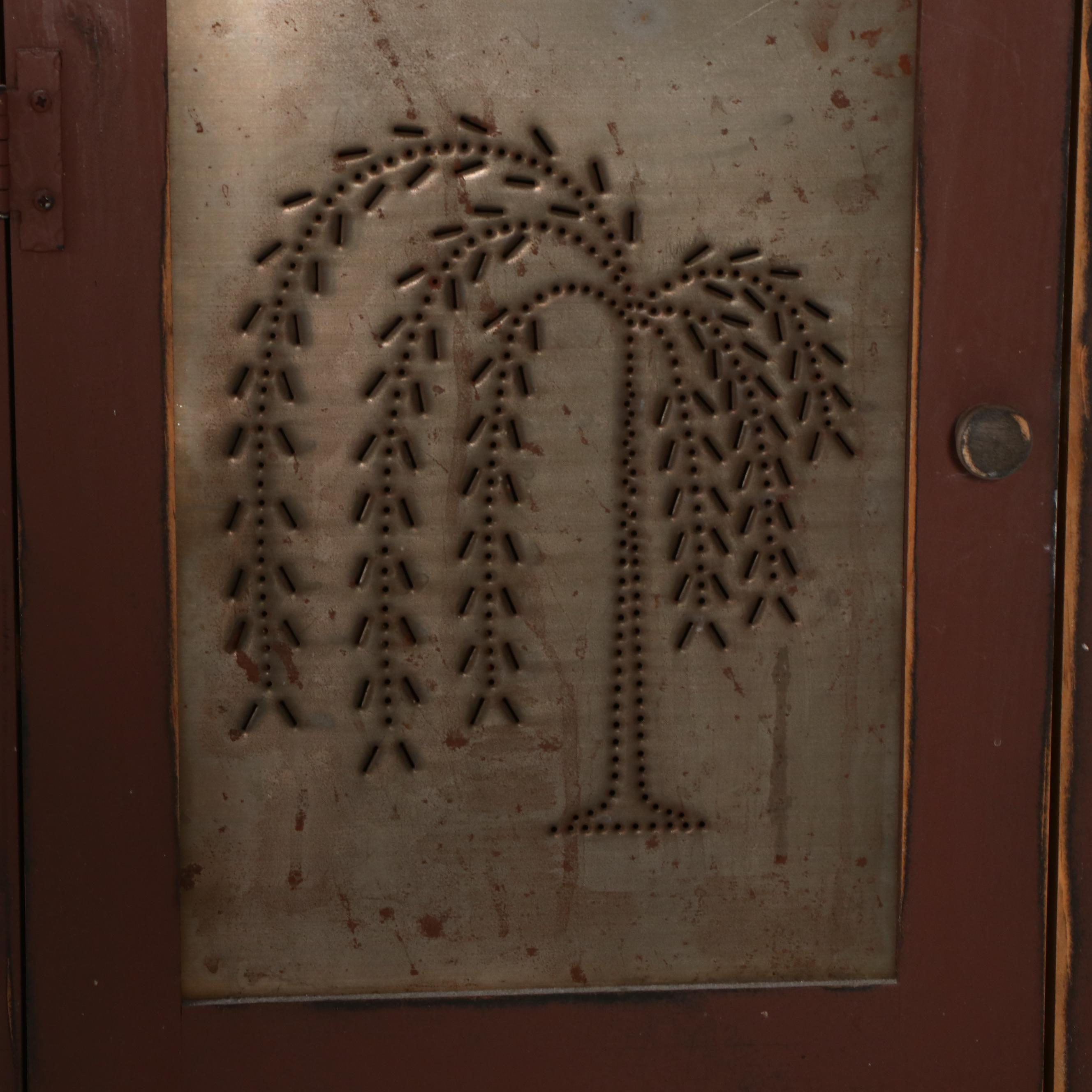 American Primitive Style Painted Wood Cabinets, One with Tree-Motif Punched Tins